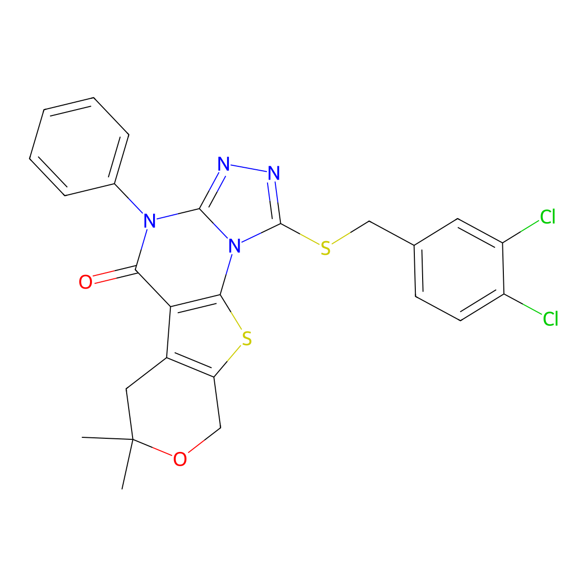 1-[(3,4-dichlorobenzyl)sulfanyl]-7,7-dimethyl-4-phenyl-6,9-dihydro-7H-pyrano[4',3':4,5]thieno[3,2-e][1,2,4]triazolo[4,3-a]pyrimidin-5(4H)-one molecular structure, CAS 4601-68-7