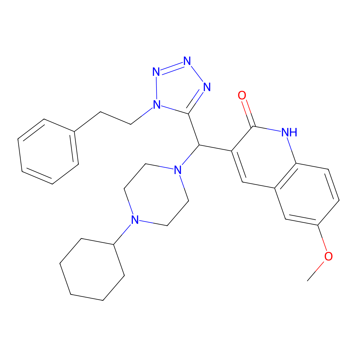 3-((4-Cyclohexylpiperazin-1-yl)(1-phenethyl-1H-tetrazol-5-yl)methyl)-6-methoxyquinolin-2(1H)-one molecular structure, CAS 460330-27-2