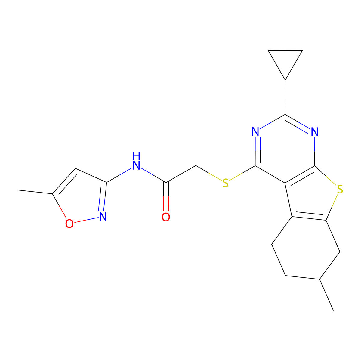2-[(2-cyclopropyl-7-methyl-5,6,7,8-tetrahydro-[1]benzothiolo[2,3-d]pyrimidin-4-yl)sulfanyl]-N-(5-methyl-1,2-oxazol-3-yl)acetamide molecular structure, CAS 460335-48-2