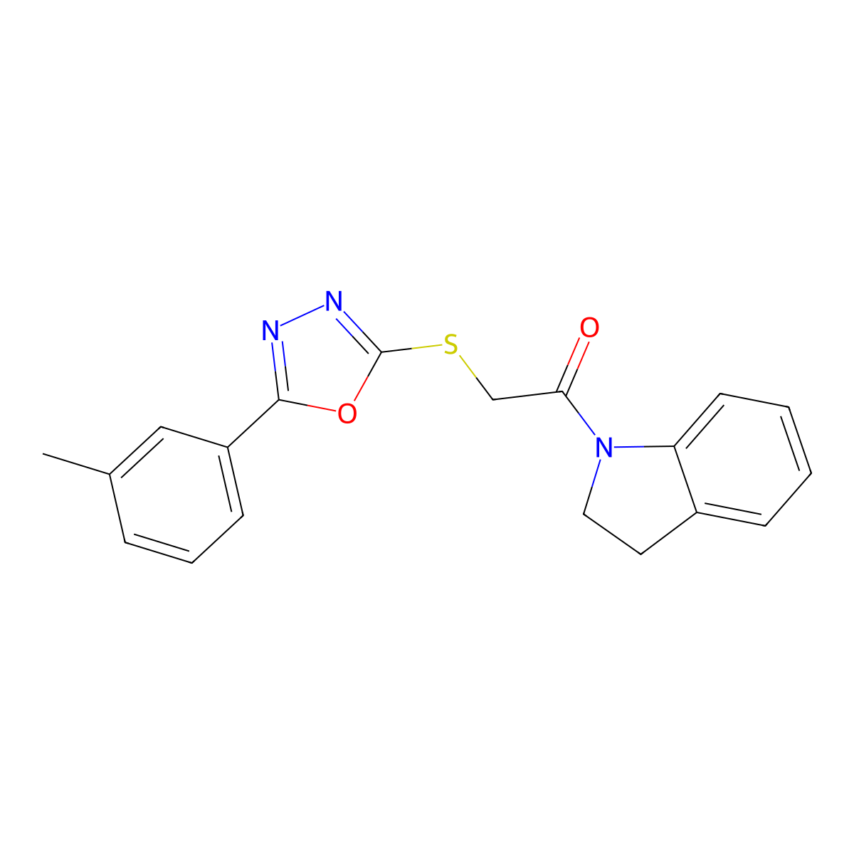 1-(Indolin-1-yl)-2-((5-(m-tolyl)-1,3,4-oxadiazol-2-yl)thio)ethanone molecular structure, CAS 460339-31-5
