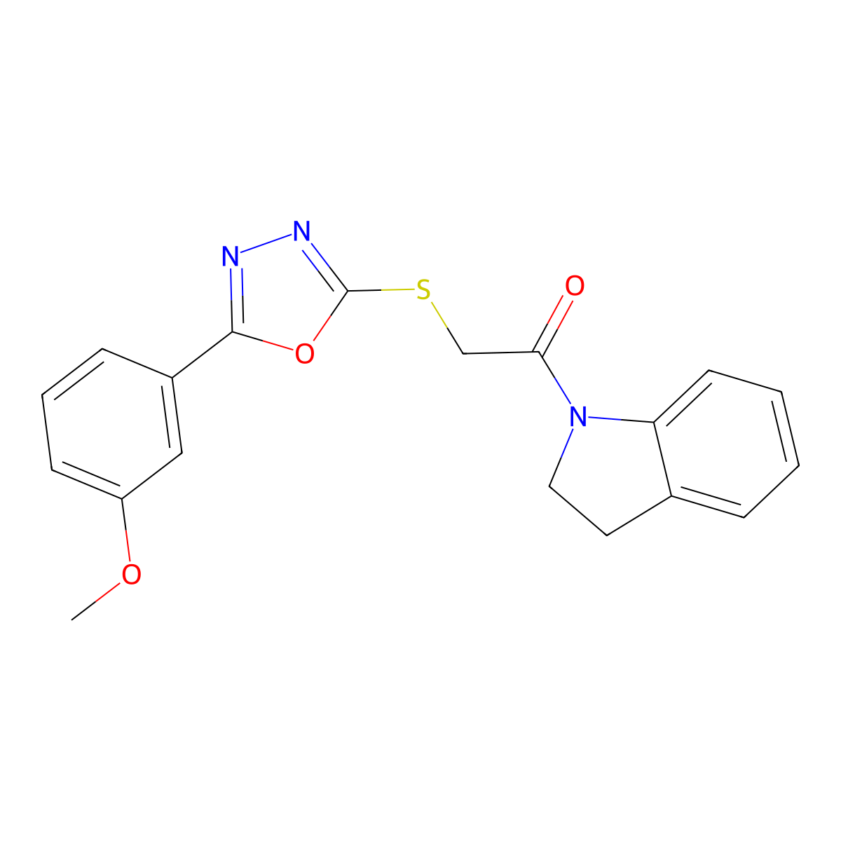 1-(Indolin-1-yl)-2-((5-(3-methoxyphenyl)-1,3,4-oxadiazol-2-yl)thio)ethanone molecular structure, CAS 460339-40-6