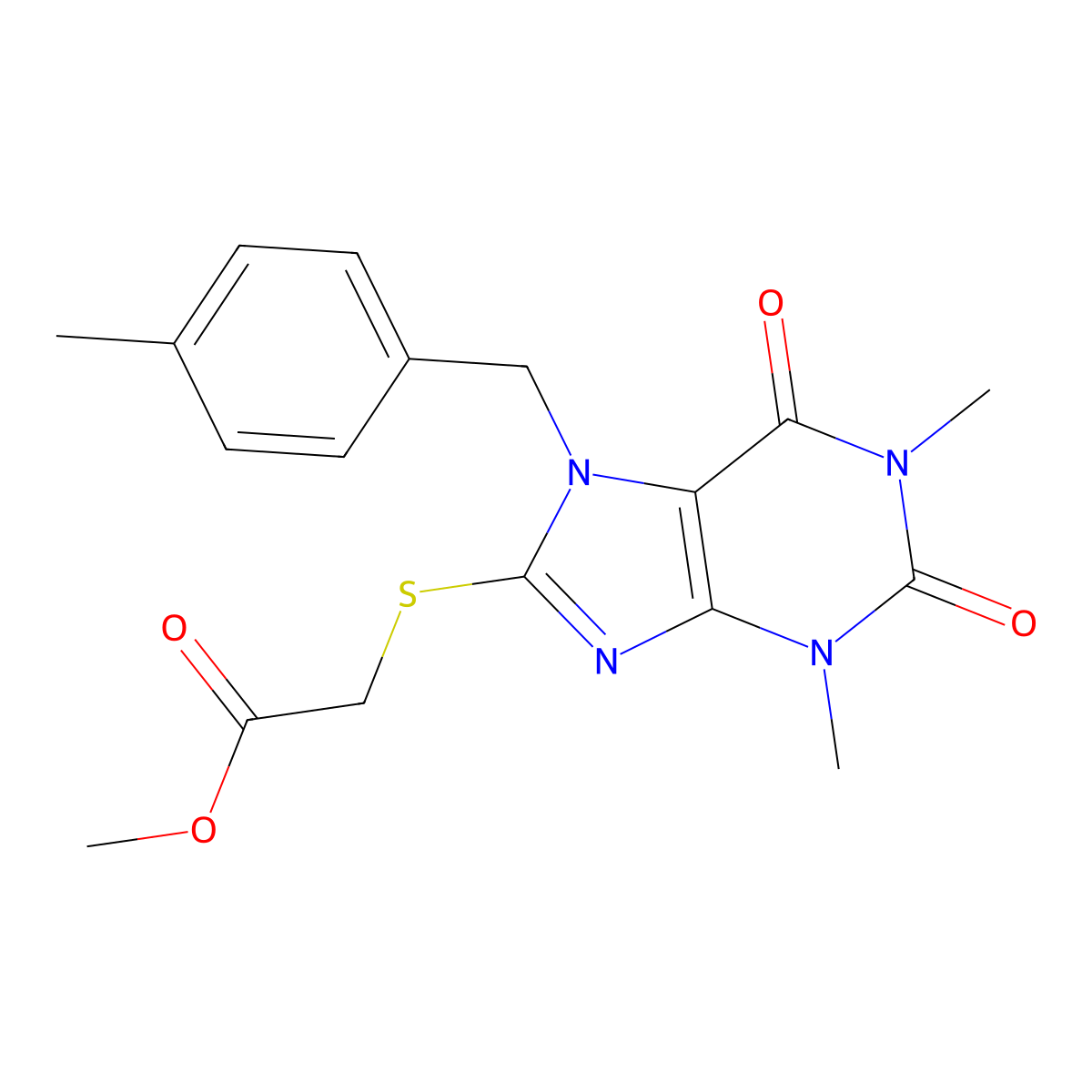 methyl 2-((1,3-dimethyl-7-(4-methylbenzyl)-2,6-dioxo-2,3,6,7-tetrahydro-1H-purin-8-yl)thio)acetate molecular structure, CAS 460360-57-0