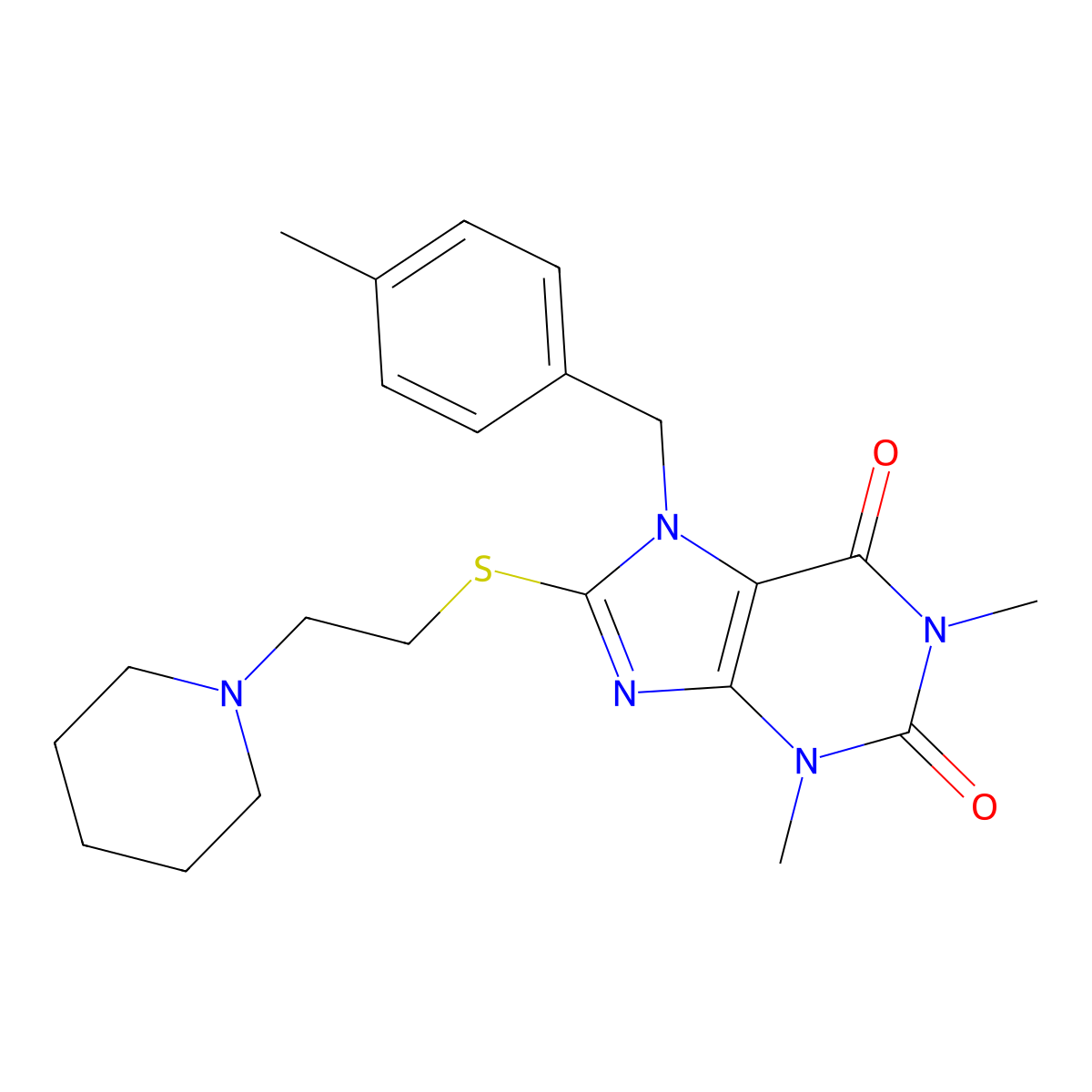 1,3-Dimethyl-7-(4-methylbenzyl)-8-((2-(1-piperidinyl)ethyl)sulfanyl)-3,7-dihydro-1H-purine-2,6-dione molecular structure, CAS 460360-78-5