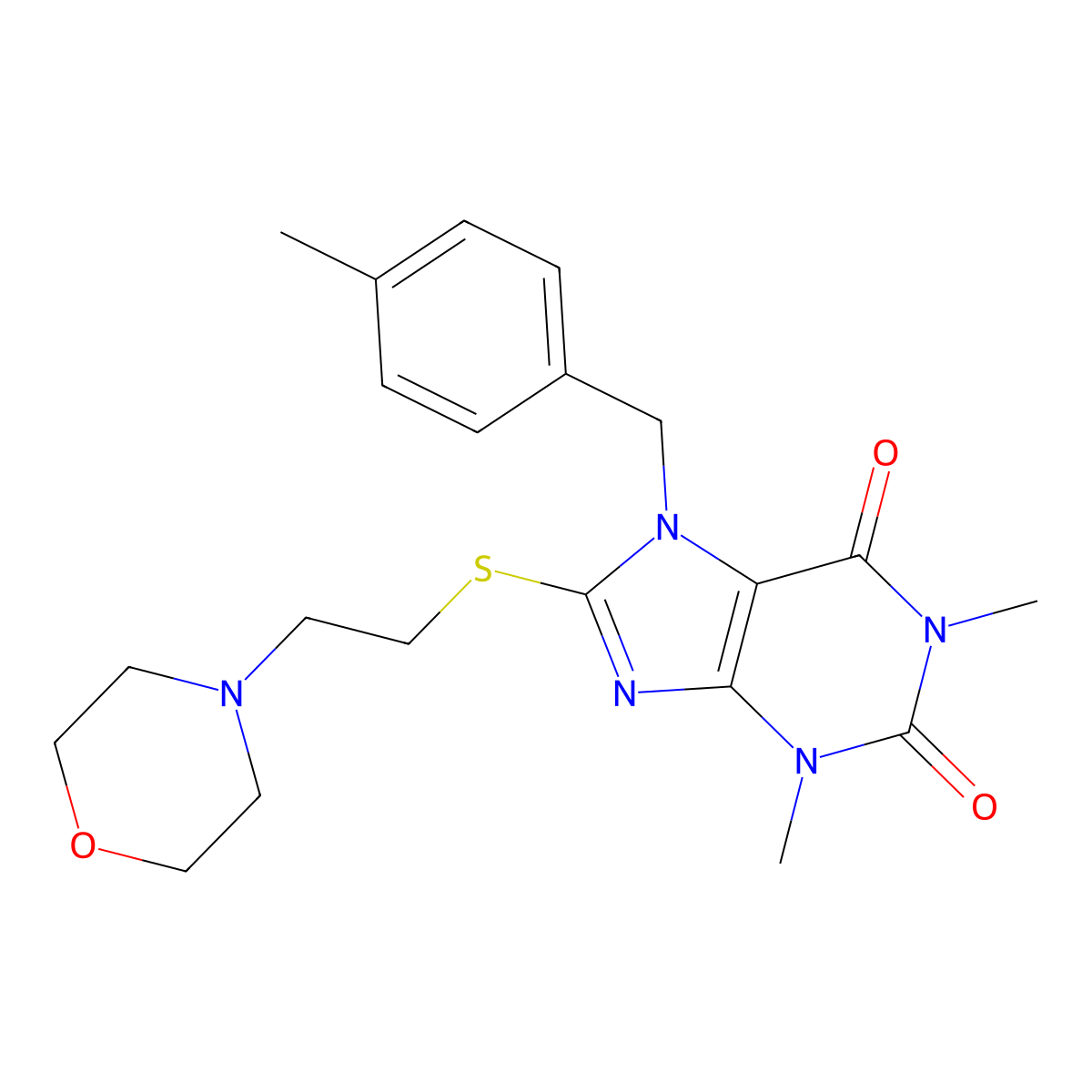 1,3-Dimethyl-7-(4-methylbenzyl)-8-((2-(4-morpholinyl)ethyl)sulfanyl)-3,7-dihydro-1H-purine-2,6-dione molecular structure, CAS 460360-84-3
