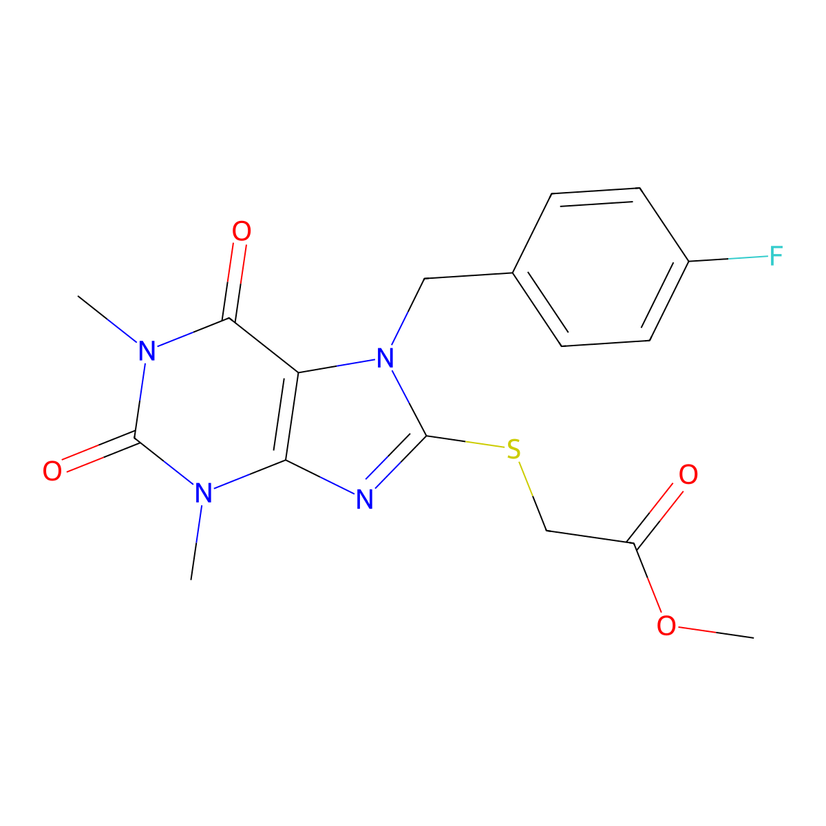 methyl 2-((7-(4-fluorobenzyl)-1,3-dimethyl-2,6-dioxo-2,3,6,7-tetrahydro-1H-purin-8-yl)thio)acetate molecular structure, CAS 460360-95-6