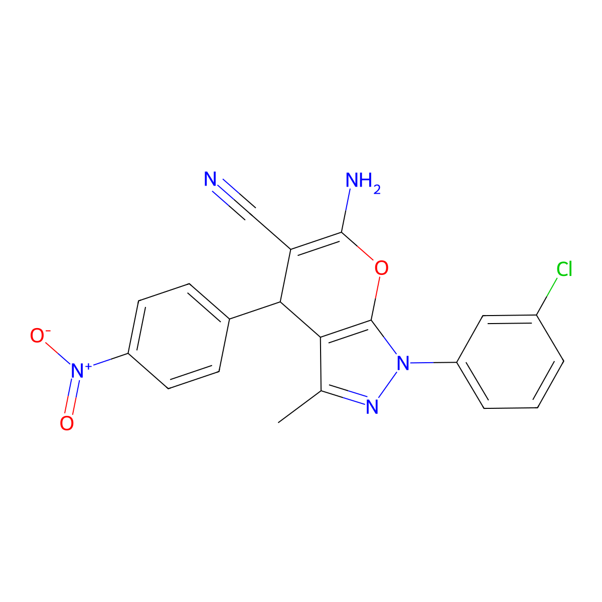 6-Amino-1-(3-chlorophenyl)-3-methyl-4-(4-nitrophenyl)-1,4-dihydropyrano[2,3-c]pyrazole-5-carbonitrile molecular structure, CAS 4604-43-7