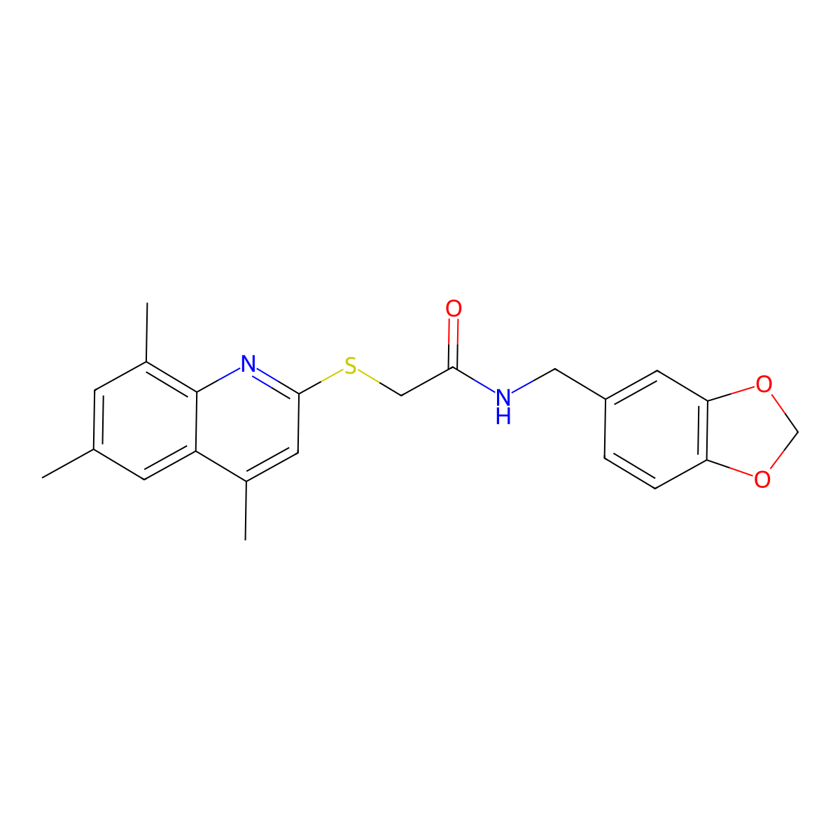 N-(1,3-Benzodioxol-5-ylmethyl)-2-[(4,6,8-trimethyl-2-quinolinyl)thio]acetamide molecular structure, CAS 460715-32-6