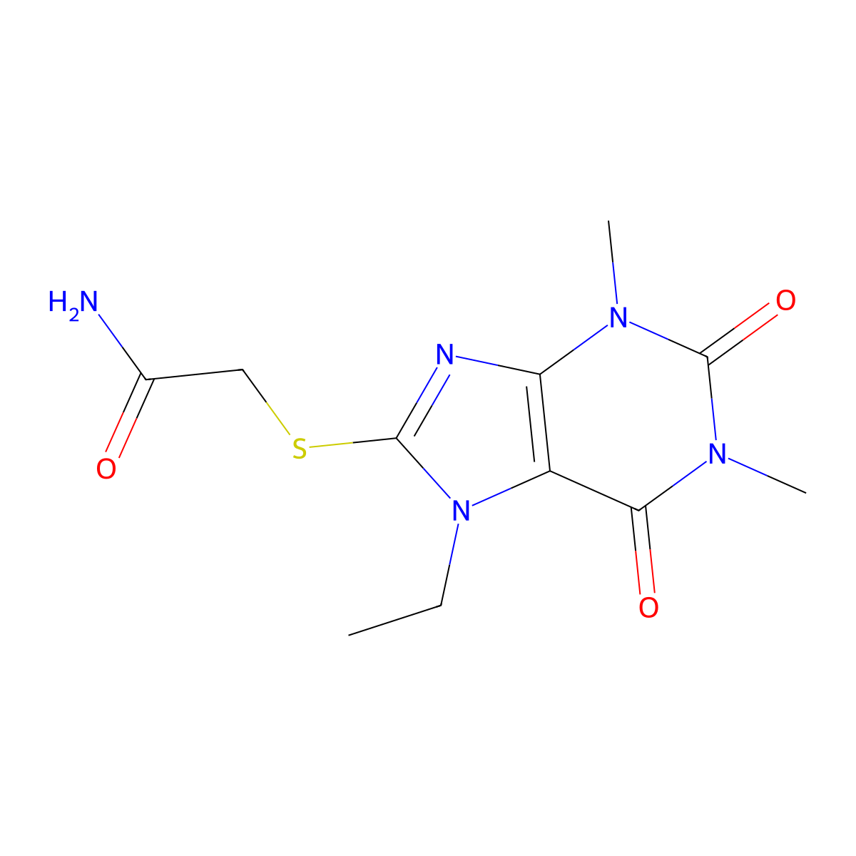 2-(7-Ethyl-1,3-dimethyl-2,6-dioxopurin-8-yl)sulfanylacetamide molecular structure, CAS 460715-53-1