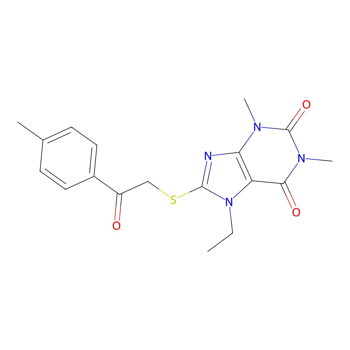 7-Ethyl-1,3-dimethyl-8-[2-(4-methylphenyl)-2-oxoethyl]sulfanylpurine-2,6-dione molecular structure, CAS 460715-73-5