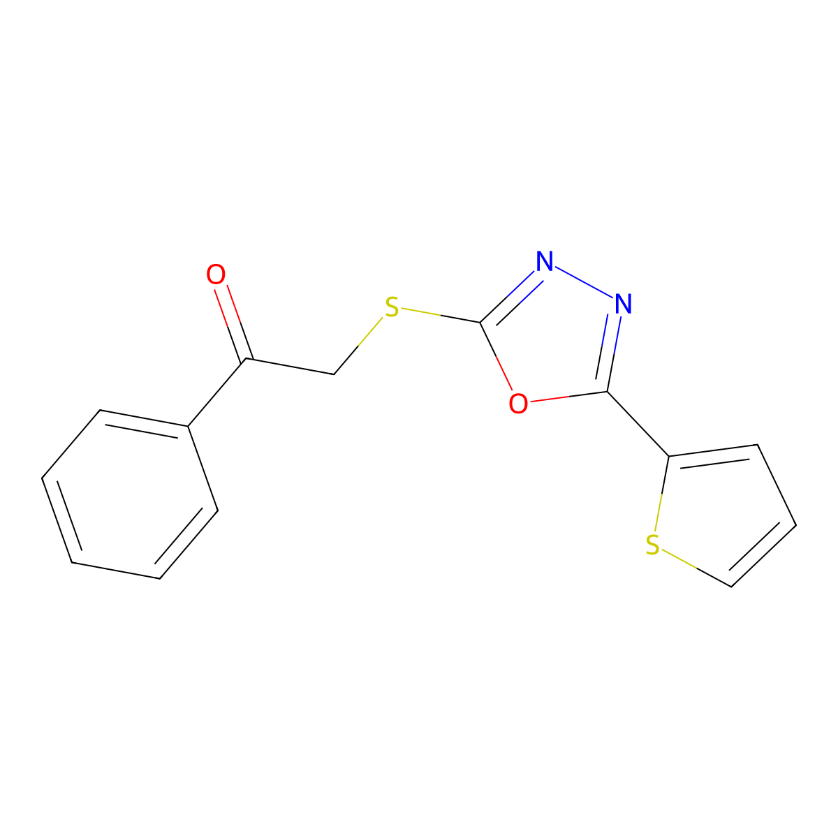 1-Phenyl-2-((5-(thiophen-2-yl)-1,3,4-oxadiazol-2-yl)thio)ethanone molecular structure, CAS 460724-05-4