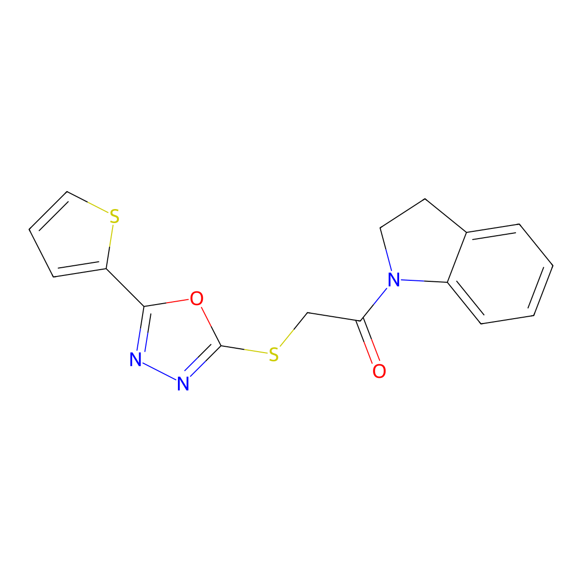1-(Indolin-1-yl)-2-((5-(thiophen-2-yl)-1,3,4-oxadiazol-2-yl)thio)ethanone molecular structure, CAS 460724-11-2