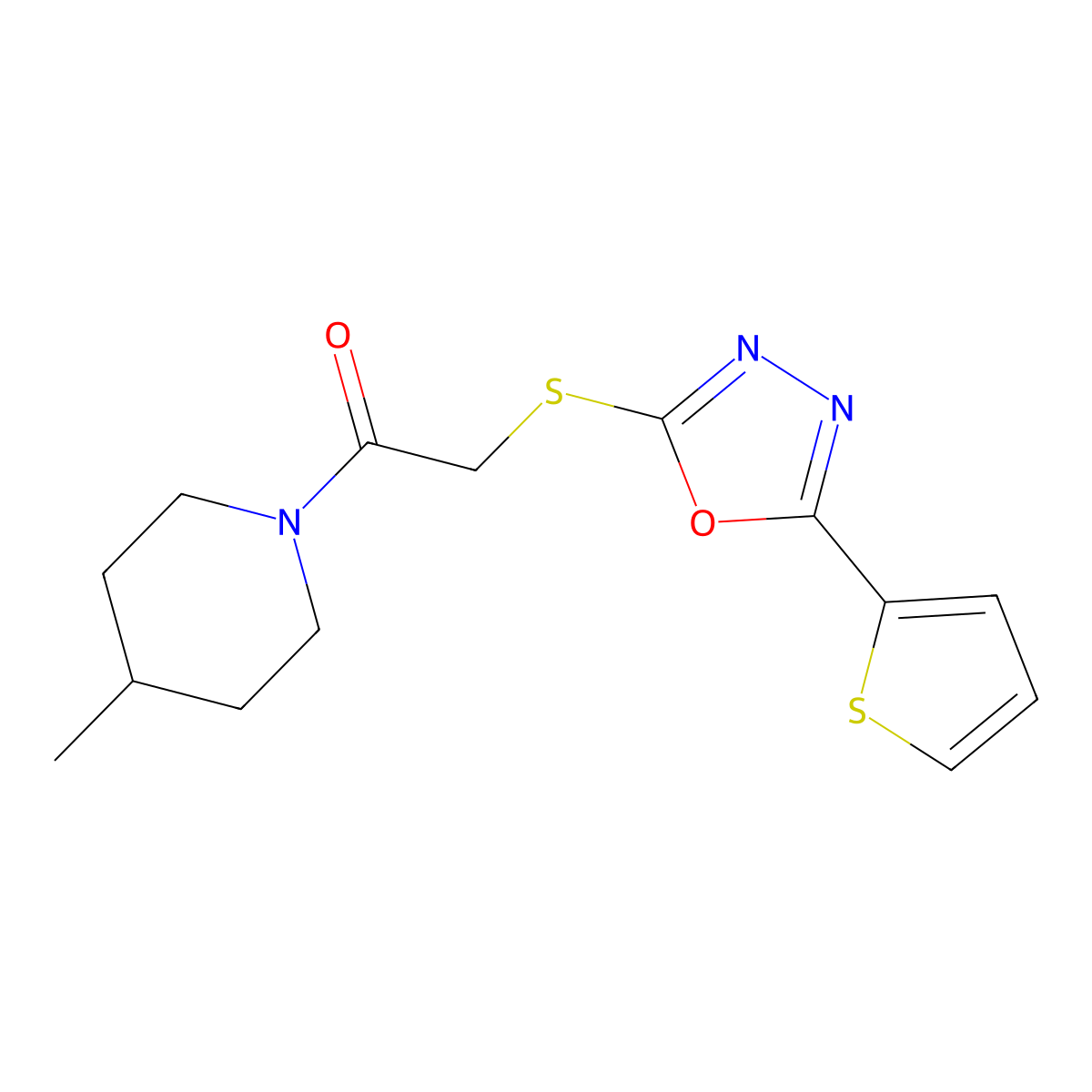 1-(4-Methylpiperidin-1-yl)-2-[(5-thiophen-2-yl-1,3,4-oxadiazol-2-yl)sulfanyl]ethanone molecular structure, CAS 460724-23-6
