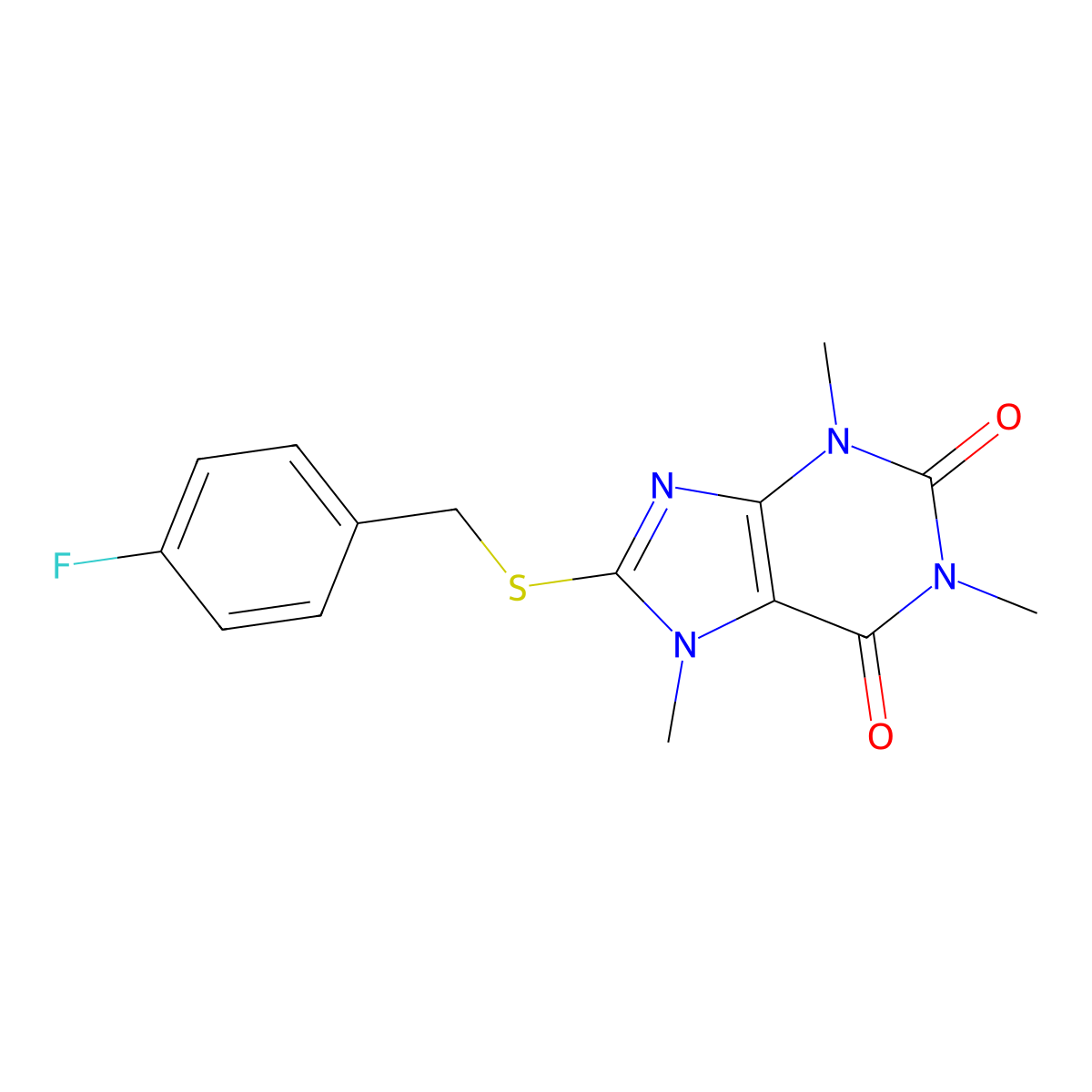 8-[(4-Fluorophenyl)methylsulfanyl]-1,3,7-trimethylpurine-2,6-dione molecular structure, CAS 460725-53-5