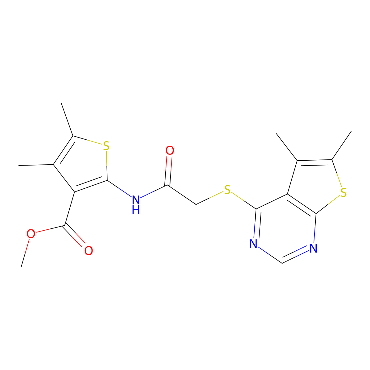 Methyl 2-({[(5,6-dimethylthieno[2,3-d]pyrimidin-4-yl)sulfanyl]acetyl}amino)-4,5-dimethylthiophene-3-carboxylate molecular structure, CAS 460727-12-2