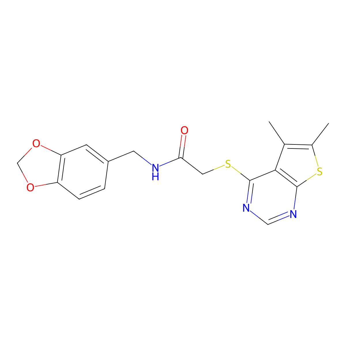 N-(benzo[d][1,3]dioxol-5-ylmethyl)-2-((5,6-dimethylthieno[2,3-d]pyrimidin-4-yl)thio)acetamide molecular structure, CAS 460727-31-5