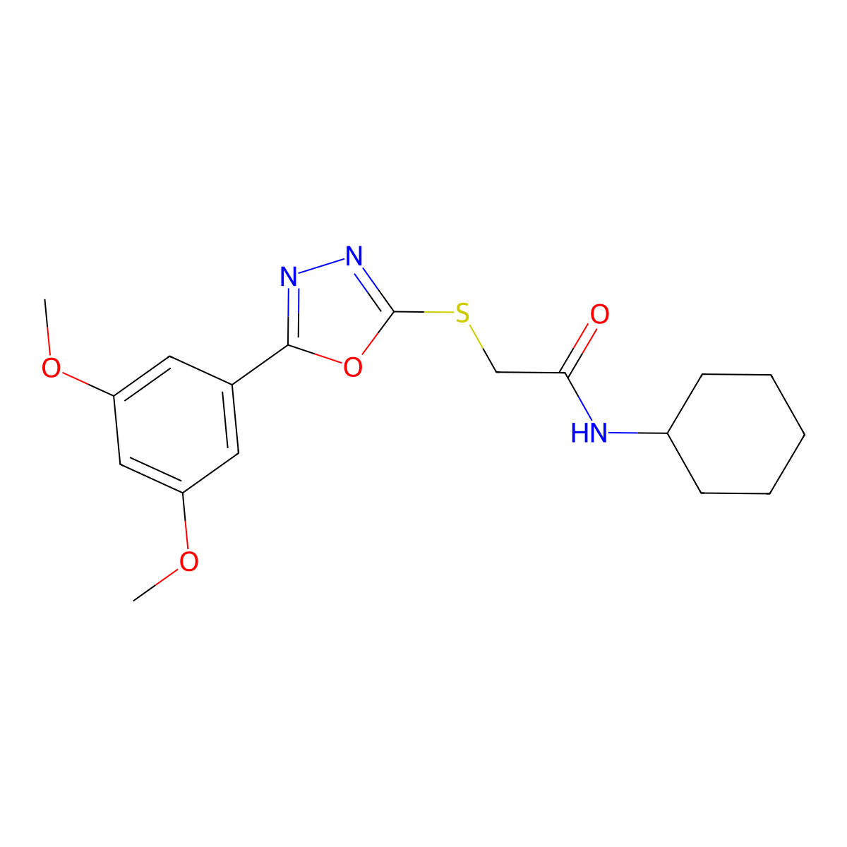 N-cyclohexyl-2-{[5-(3,5-dimethoxyphenyl)-1,3,4-oxadiazol-2-yl]sulfanyl}acetamide molecular structure, CAS 460728-13-6