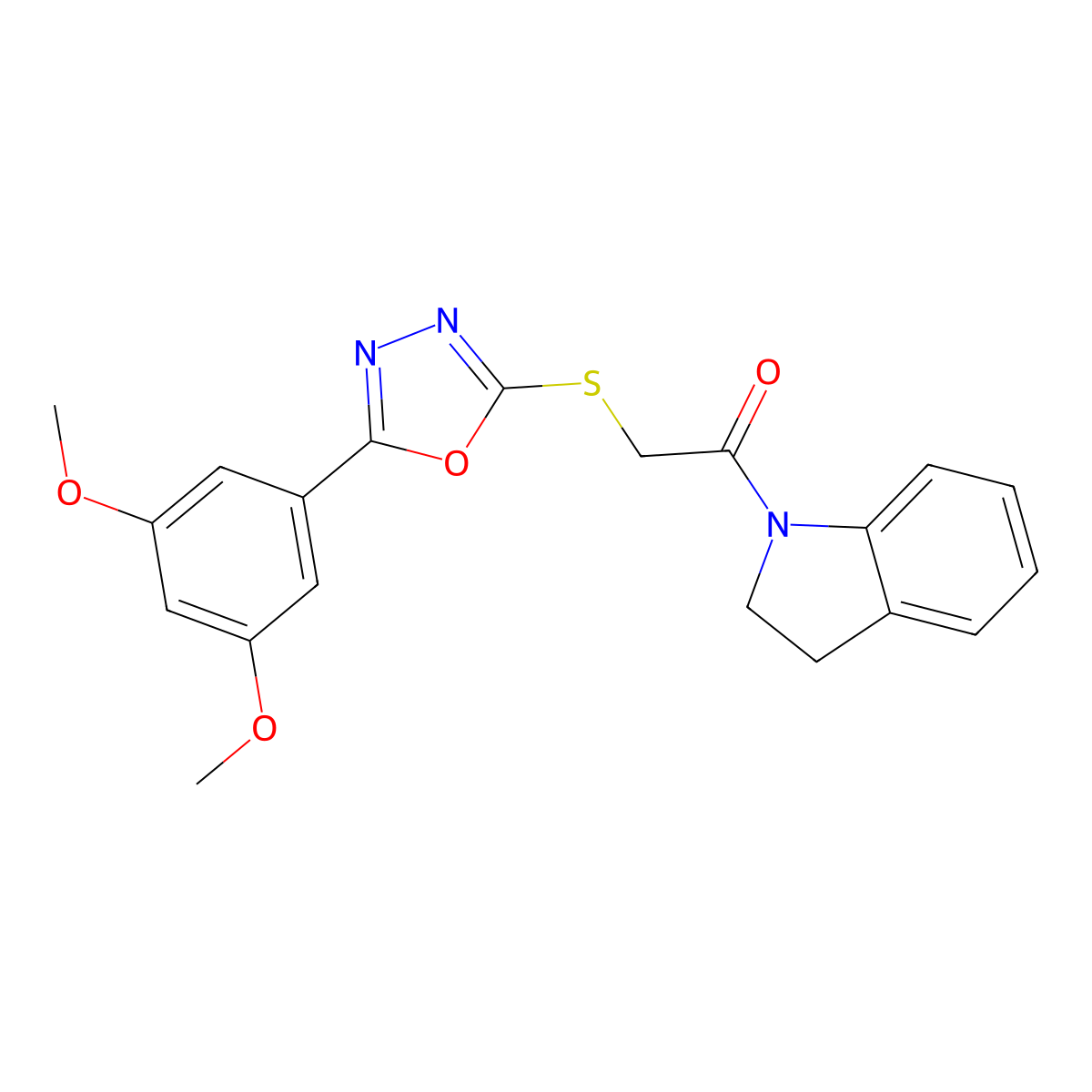 2-((5-(3,5-Dimethoxyphenyl)-1,3,4-oxadiazol-2-yl)thio)-1-(indolin-1-yl)ethanone molecular structure, CAS 460728-23-8