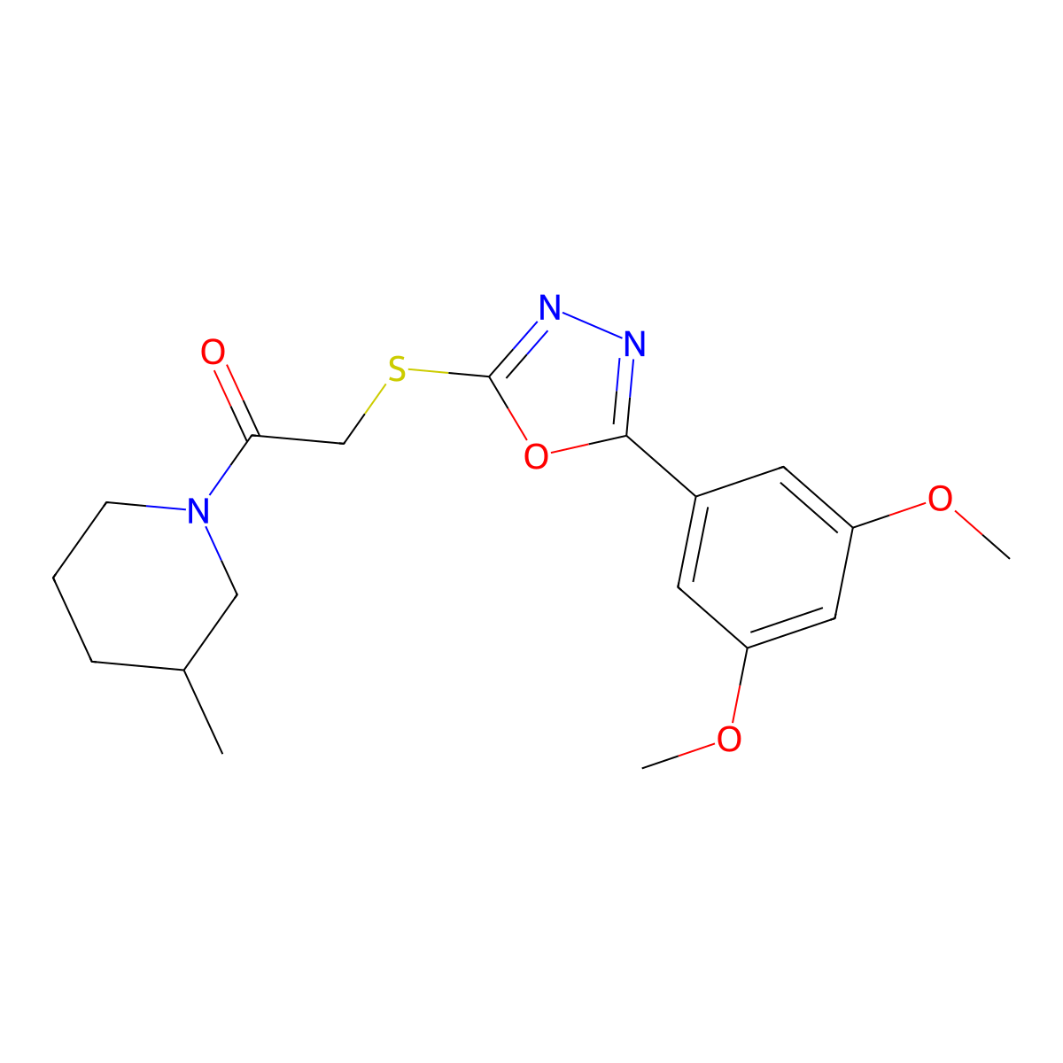 2-((5-(3,5-Dimethoxyphenyl)-1,3,4-oxadiazol-2-yl)thio)-1-(3-methylpiperidin-1-yl)ethanone molecular structure, CAS 460728-26-1