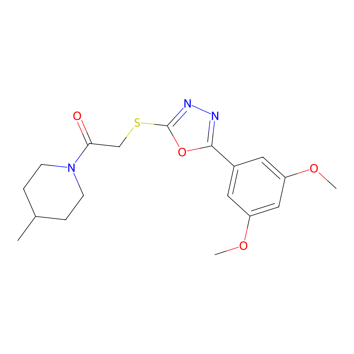 2-((5-(3,5-Dimethoxyphenyl)-1,3,4-oxadiazol-2-yl)thio)-1-(4-methylpiperidin-1-yl)ethanone molecular structure, CAS 460732-84-7