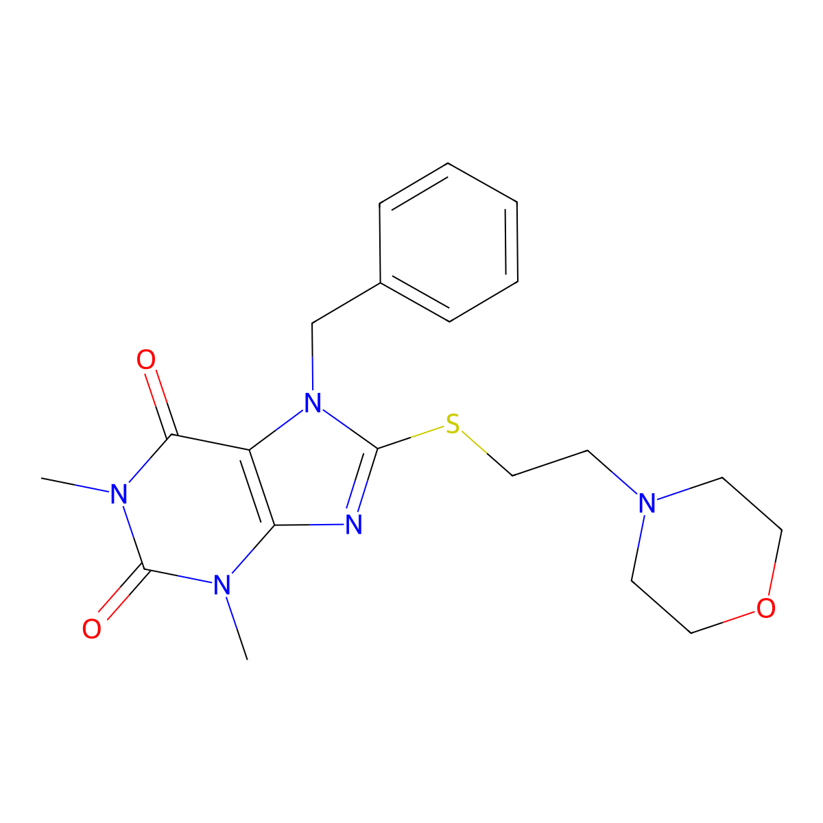 7-Benzyl-1,3-DI-ME-8-((2-(4-morpholinyl)ET)thio)-3,7-dihydro-1H-purine-2,6-dione molecular structure, CAS 460735-14-2