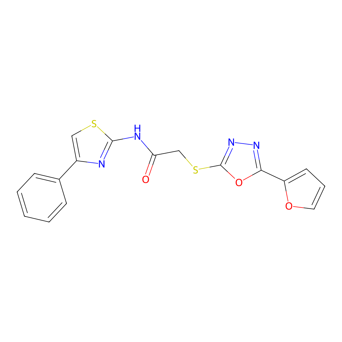 2-((5-(furan-2-yl)-1,3,4-oxadiazol-2-yl)thio)-N-(4-phenylthiazol-2-yl)acetamide molecular structure, CAS 460999-79-5