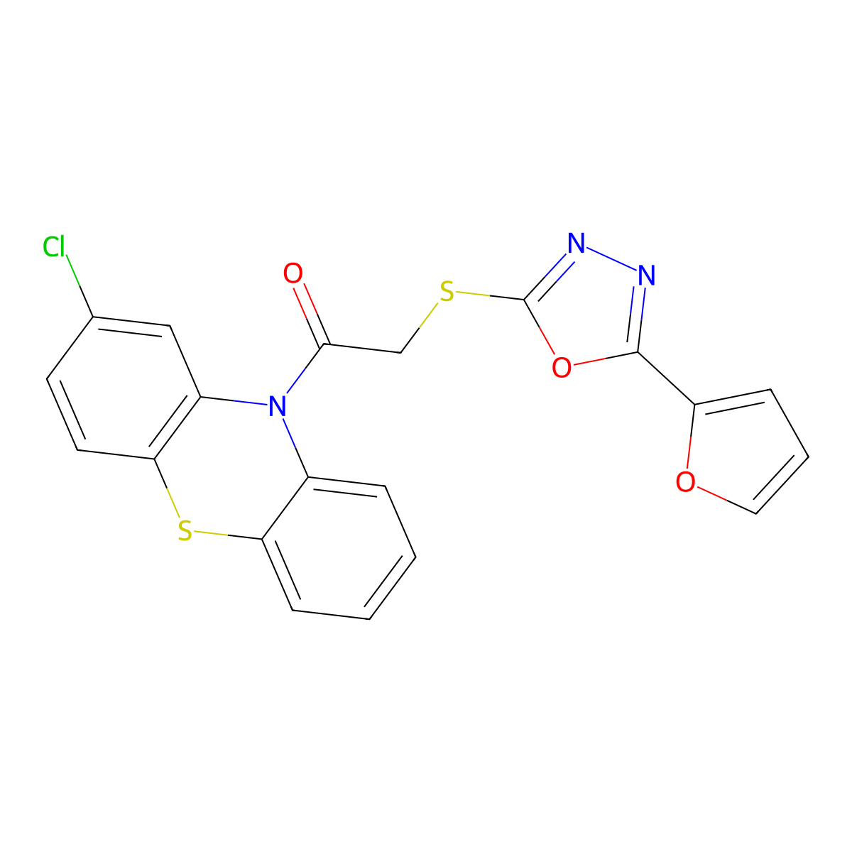 1-(2-Chlorophenothiazin-10-yl)-2-[[5-(furan-2-yl)-1,3,4-oxadiazol-2-yl]sulfanyl]ethanone molecular structure, CAS 460999-85-3