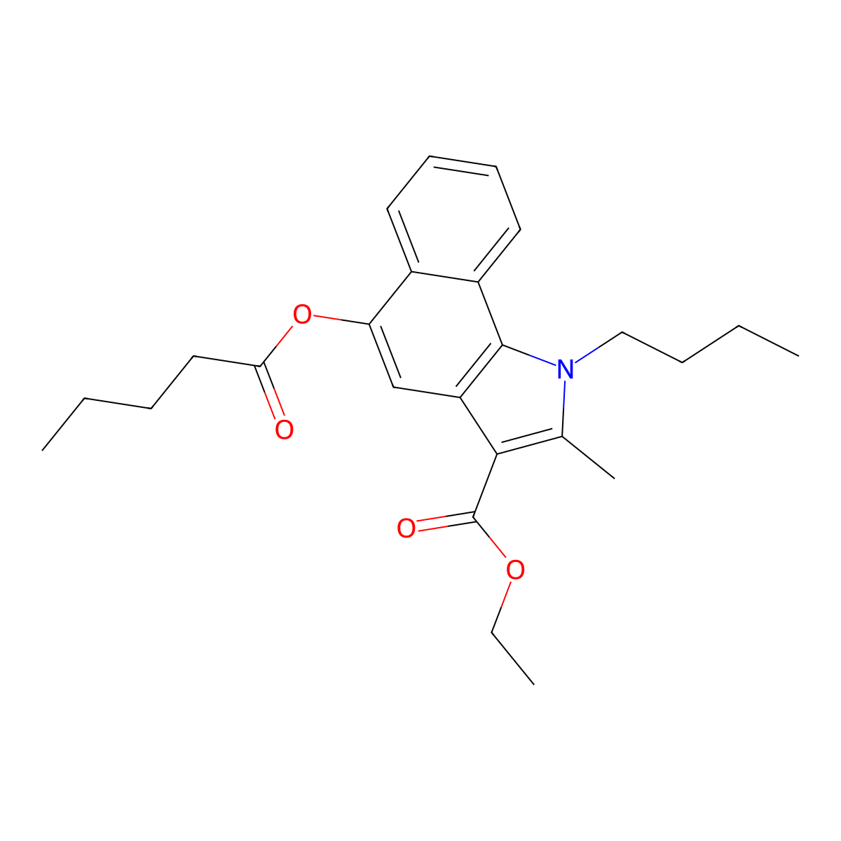Ethyl 1-butyl-2-methyl-5-pentanoyloxybenzo[g]indole-3-carboxylate molecular structure, CAS 4610-12-2