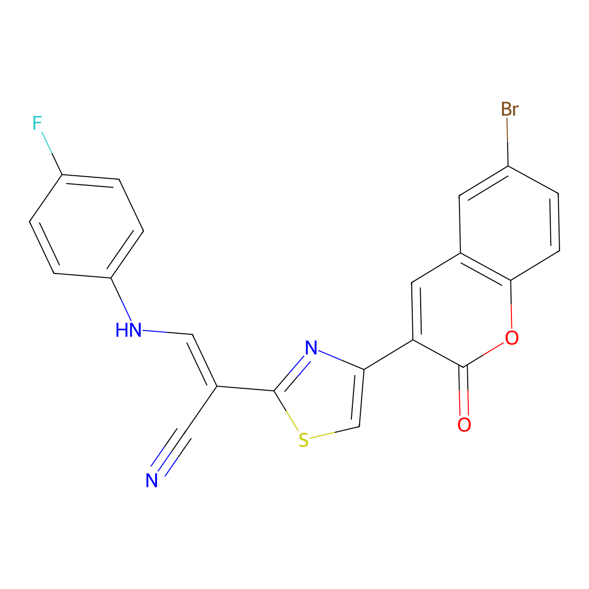 2-[4-(6-Bromo-2-oxochromen-3-yl)-1,3-thiazol-2-yl]-3-(4-fluoroanilino)prop-2-enenitrile molecular structure, CAS 4610-42-8