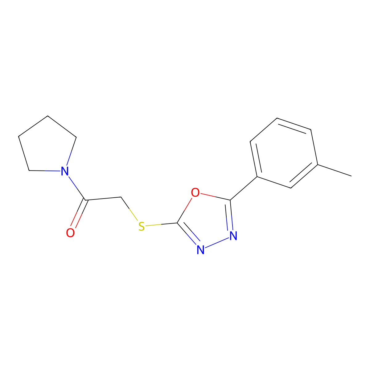 1-(Pyrrolidin-1-yl)-2-((5-(m-tolyl)-1,3,4-oxadiazol-2-yl)thio)ethanone molecular structure, CAS 461001-04-7