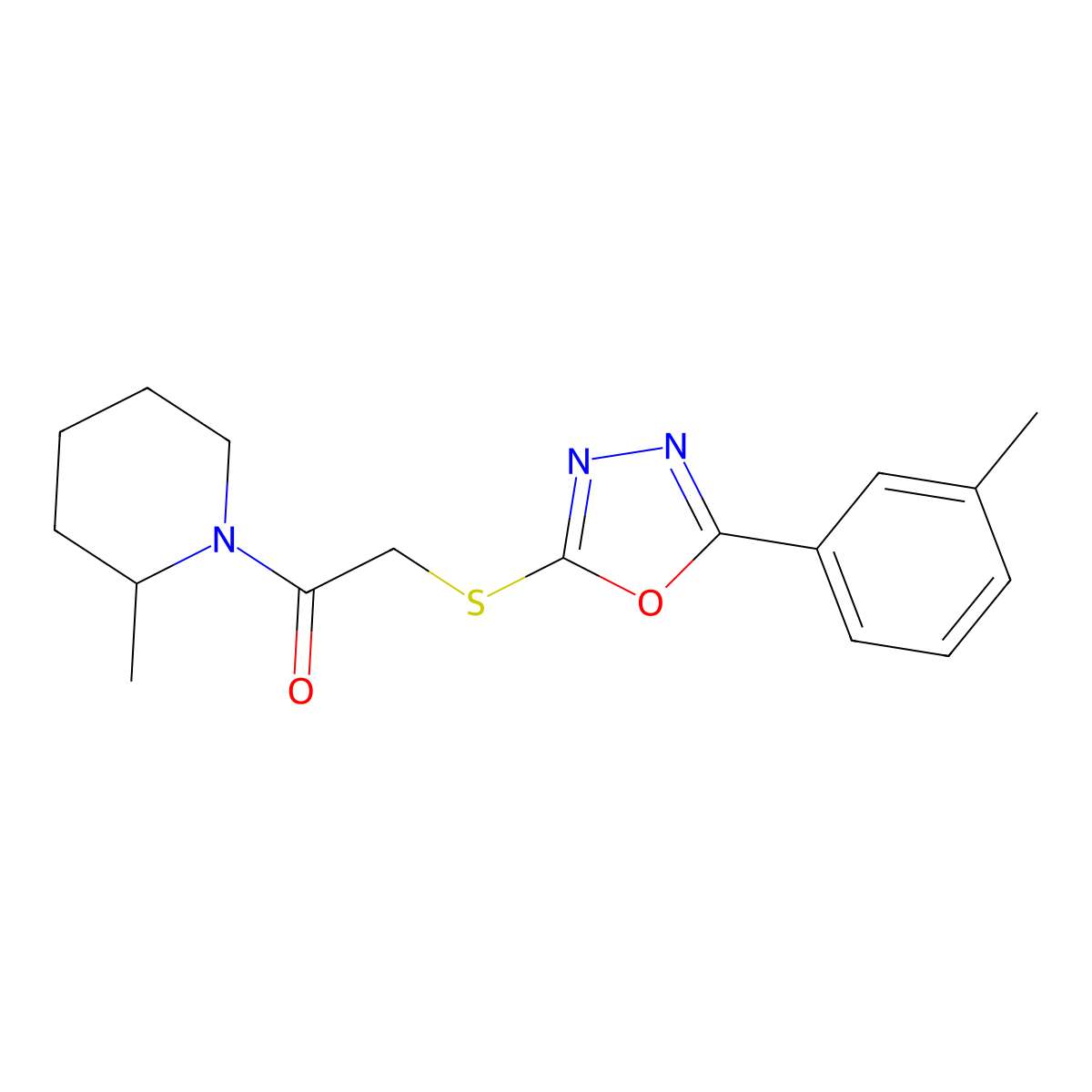 1-(2-Methylpiperidin-1-yl)-2-((5-(m-tolyl)-1,3,4-oxadiazol-2-yl)thio)ethanone molecular structure, CAS 461001-13-8