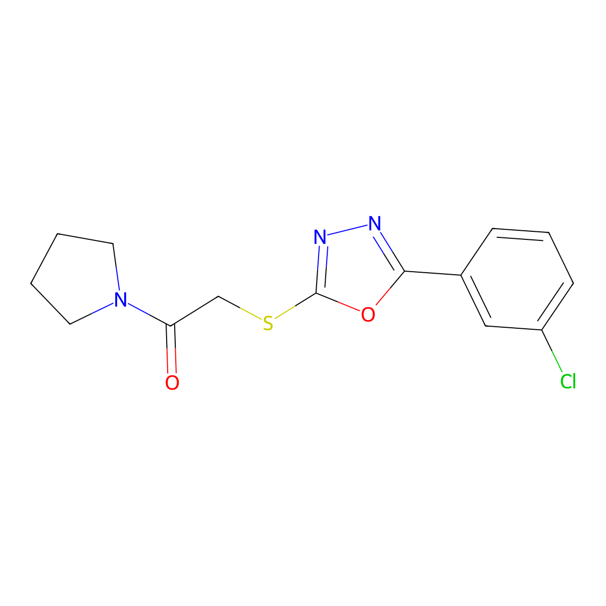 2-((5-(3-Chlorophenyl)-1,3,4-oxadiazol-2-yl)thio)-1-(pyrrolidin-1-yl)ethanone molecular structure, CAS 461001-18-3