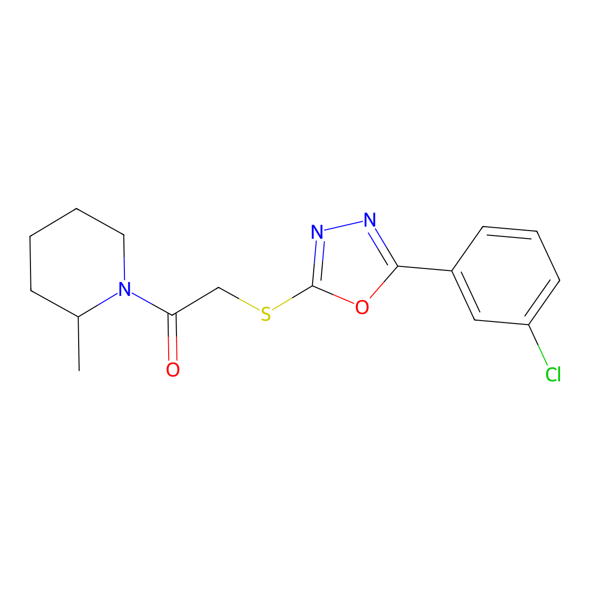 2-[[5-(3-Chlorophenyl)-1,3,4-oxadiazol-2-yl]sulfanyl]-1-(2-methylpiperidin-1-yl)ethanone molecular structure, CAS 461001-19-4