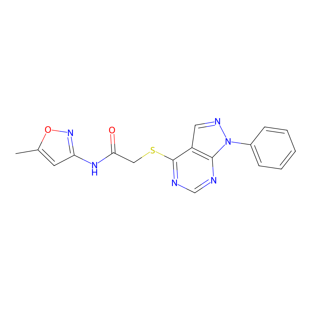 N-(5-methyl-1,2-oxazol-3-yl)-2-({1-phenyl-1H-pyrazolo[3,4-d]pyrimidin-4-yl}sulfanyl)acetamide molecular structure, CAS 461017-84-5