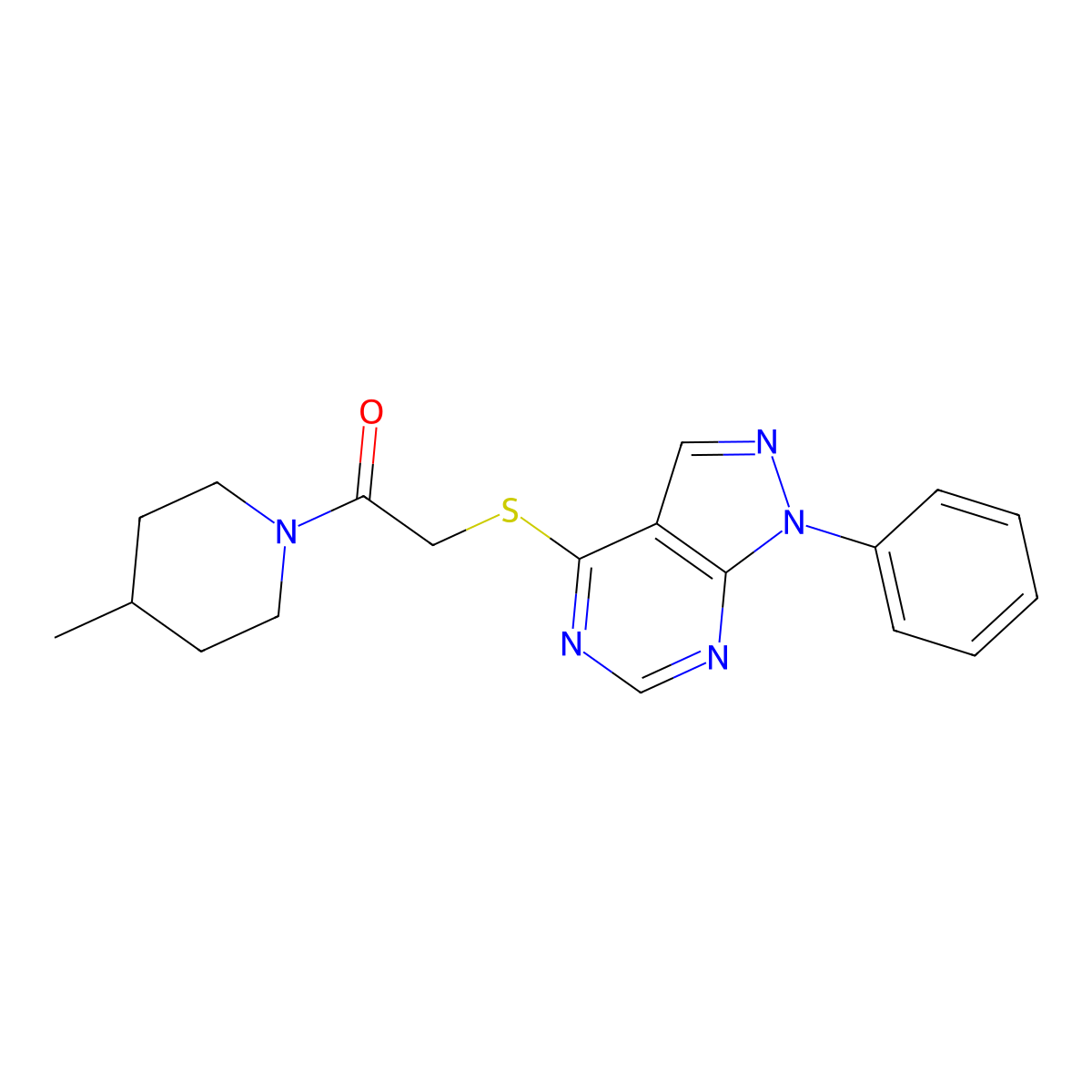 1-(4-methylpiperidin-1-yl)-2-((1-phenyl-1H-pyrazolo[3,4-d]pyrimidin-4-yl)thio)ethanone molecular structure, CAS 461017-87-8