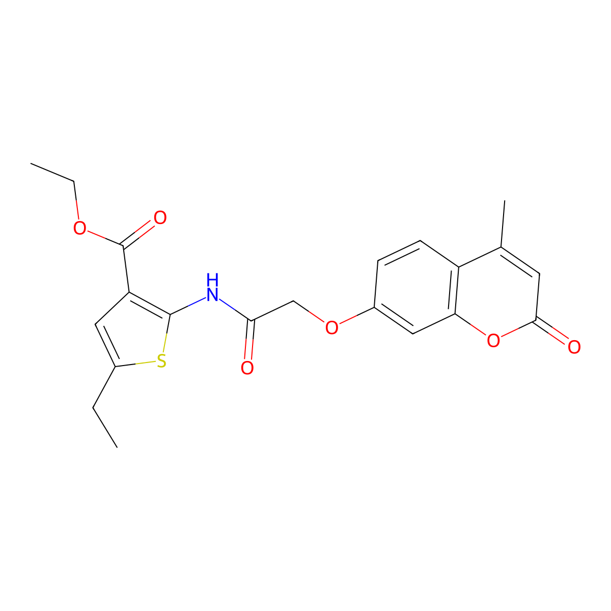 Ethyl 5-ethyl-2-[[2-(4-methyl-2-oxochromen-7-yl)oxyacetyl]amino]thiophene-3-carboxylate molecular structure, CAS 461027-39-4