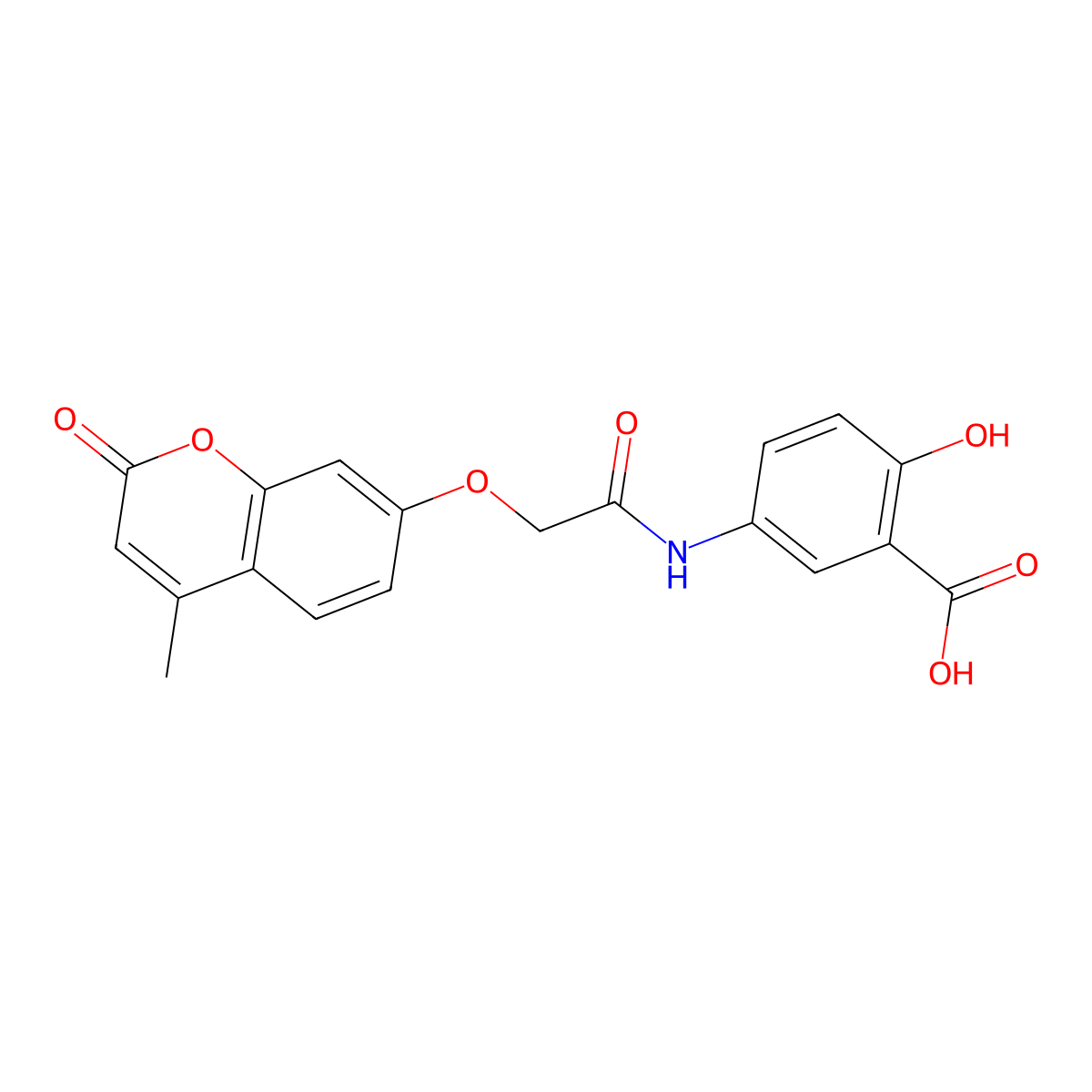 2-Hydroxy-5-[[2-(4-methyl-2-oxochromen-7-yl)oxyacetyl]amino]benzoic acid molecular structure, CAS 461032-27-9