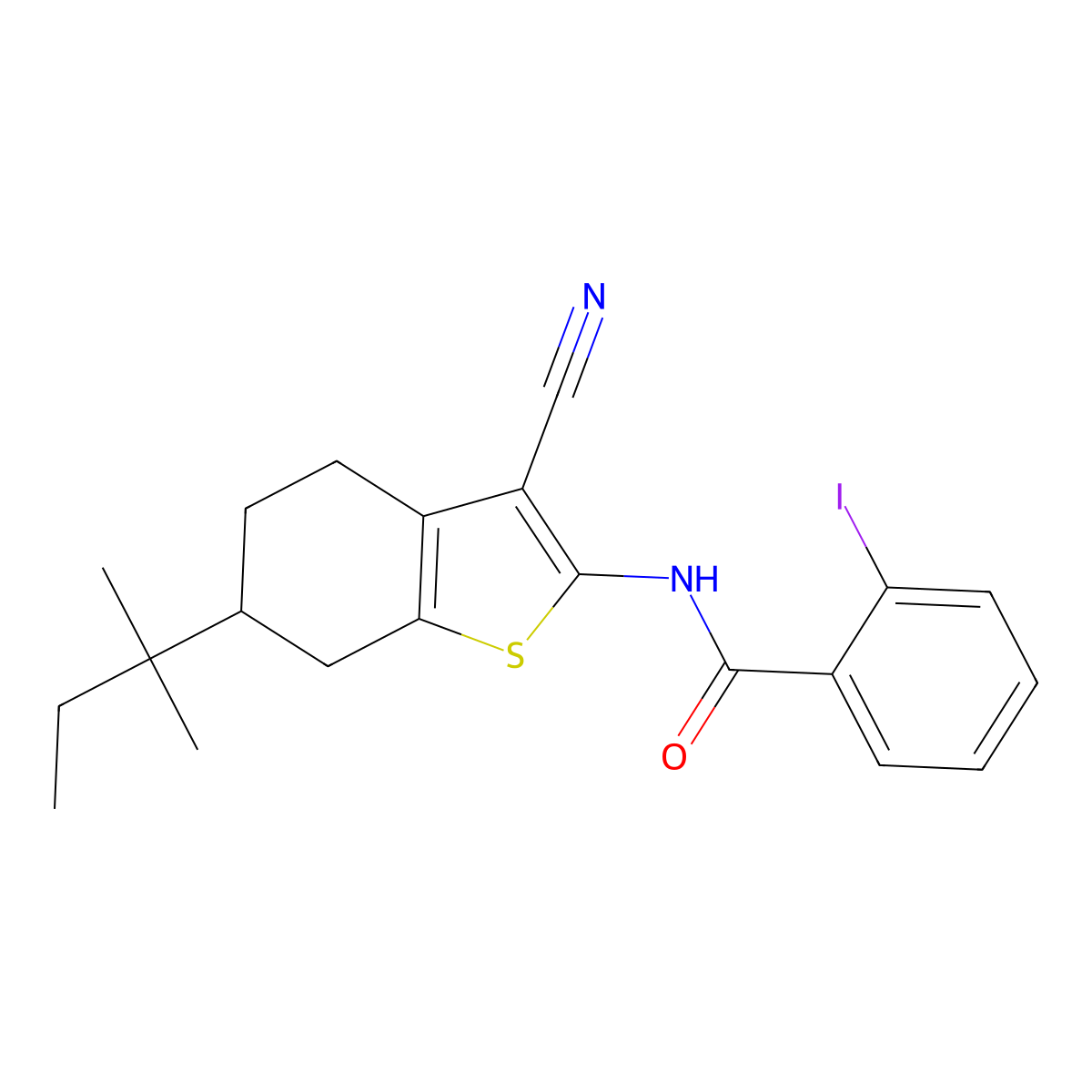 N-[3-cyano-6-(2-methylbutan-2-yl)-4,5,6,7-tetrahydro-1-benzothiophen-2-yl]-2-iodobenzamide molecular structure, CAS 461034-98-0