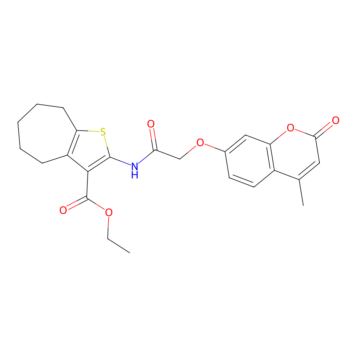 ethyl 2-[[2-(4-methyl-2-oxochromen-7-yl)oxyacetyl]amino]-5,6,7,8-tetrahydro-4H-cyclohepta[b]thiophene-3-carboxylate molecular structure, CAS 461041-26-9