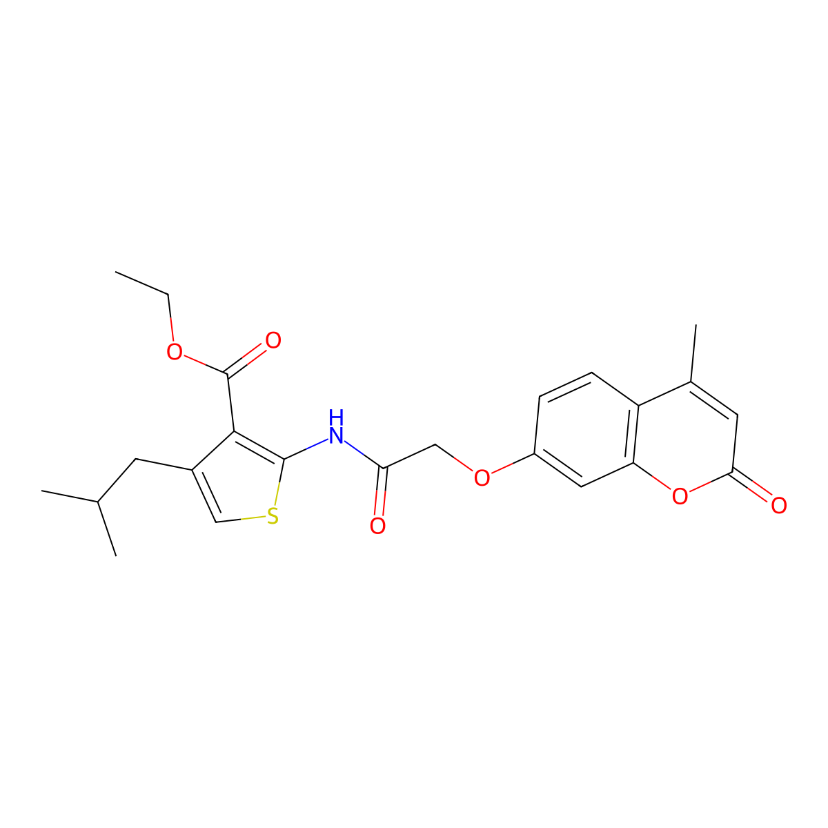 Ethyl 2-[[2-(4-methyl-2-oxochromen-7-yl)oxyacetyl]amino]-4-(2-methylpropyl)thiophene-3-carboxylate molecular structure, CAS 461041-31-6