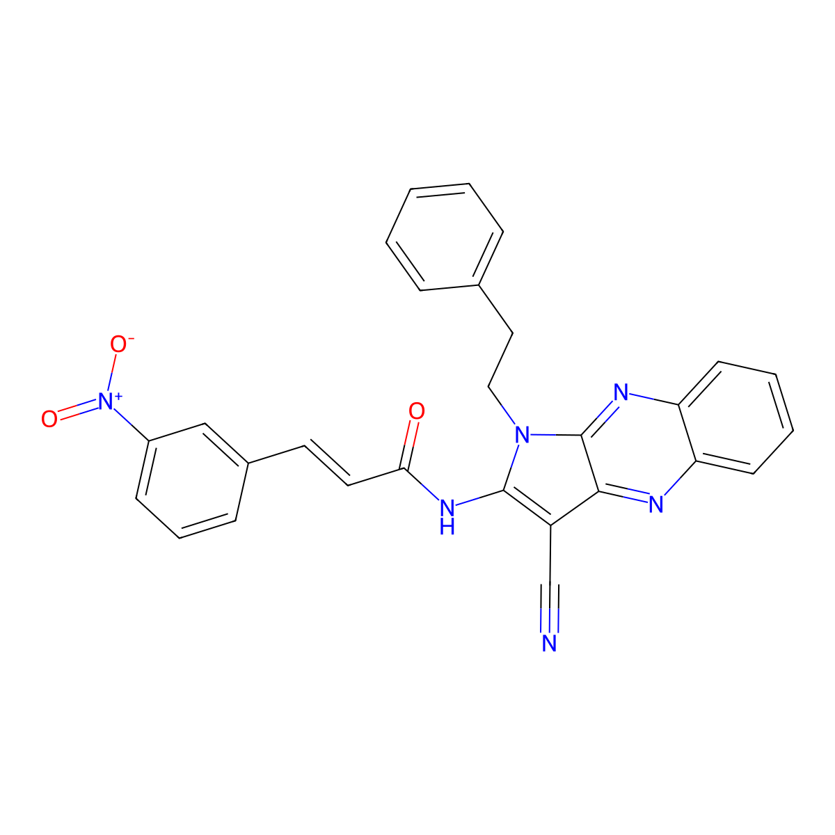 N-[3-cyano-1-(2-phenylethyl)-1H-pyrrolo[2,3-b]quinoxalin-2-yl]-3-(3-nitrophenyl)prop-2-enamide molecular structure, CAS 4613-18-7