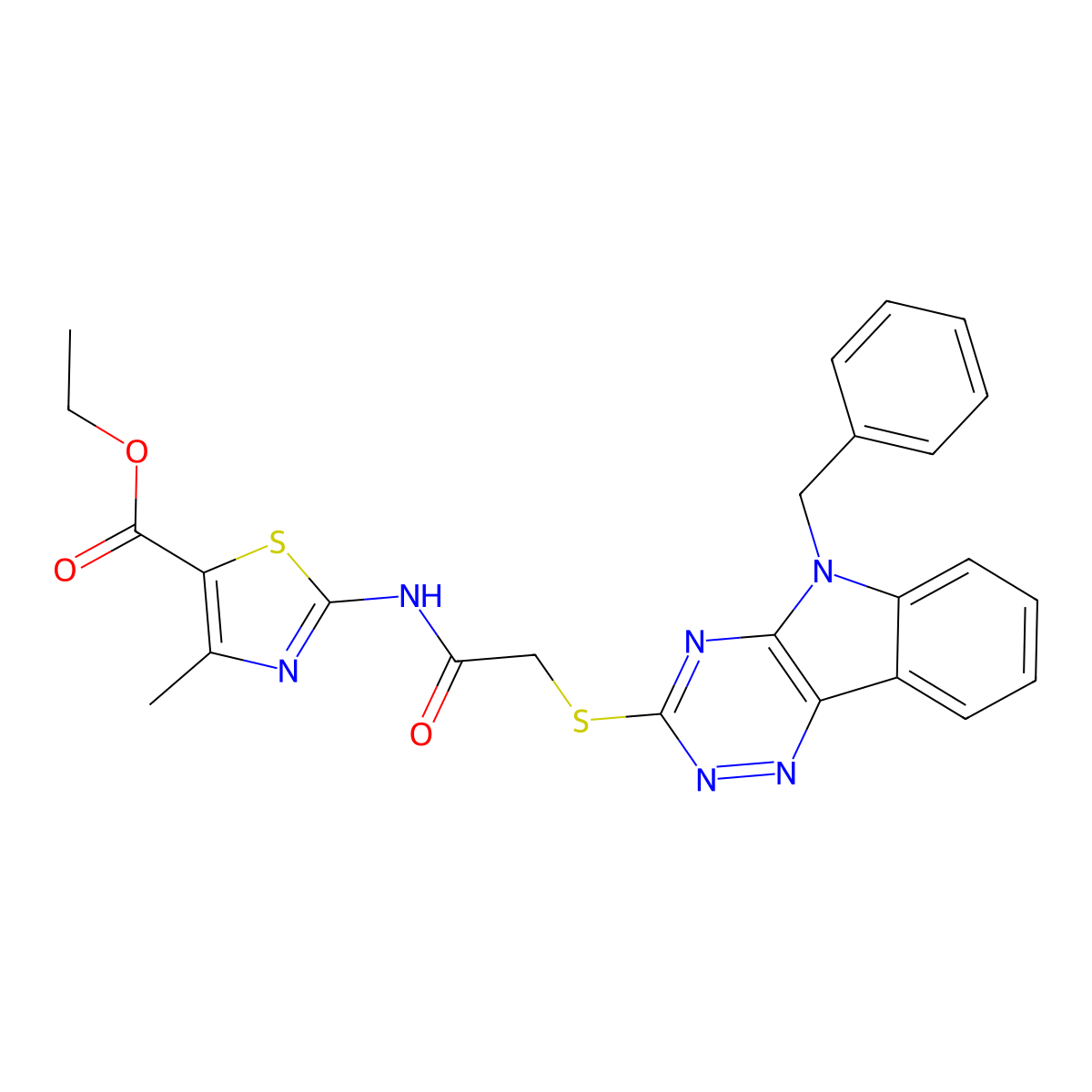 ethyl 2-({[(5-benzyl-5H-[1,2,4]triazino[5,6-b]indol-3-yl)sulfanyl]acetyl}amino)-4-methyl-1,3-thiazole-5-carboxylate molecular structure, CAS 461399-93-9