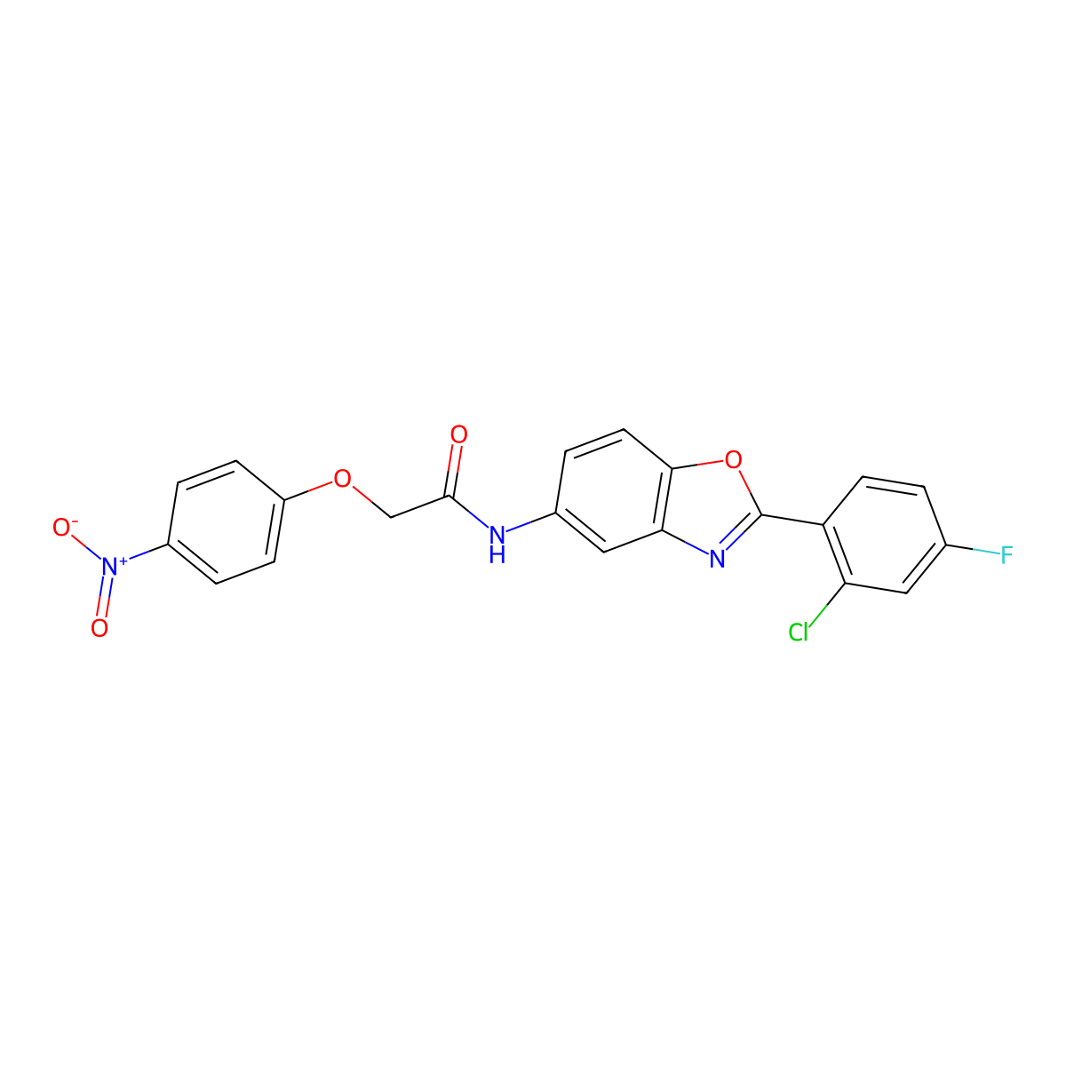 N-[2-(2-chloro-4-fluorophenyl)-1,3-benzoxazol-5-yl]-2-(4-nitrophenoxy)acetamide molecular structure, CAS 461408-11-7