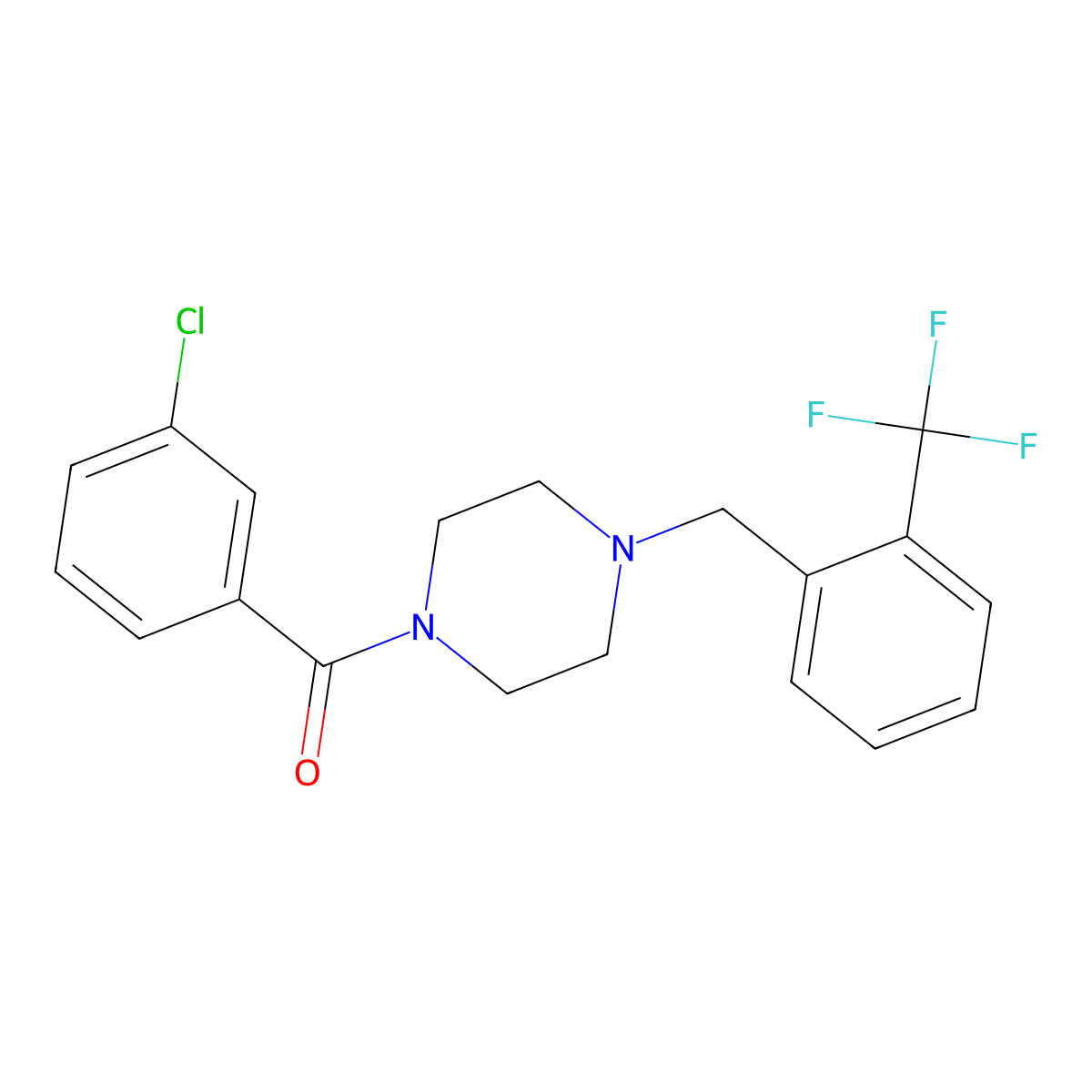 (3-Chlorophenyl)-[4-[[2-(trifluoromethyl)phenyl]methyl]piperazin-1-yl]methanone molecular structure, CAS 461416-44-4