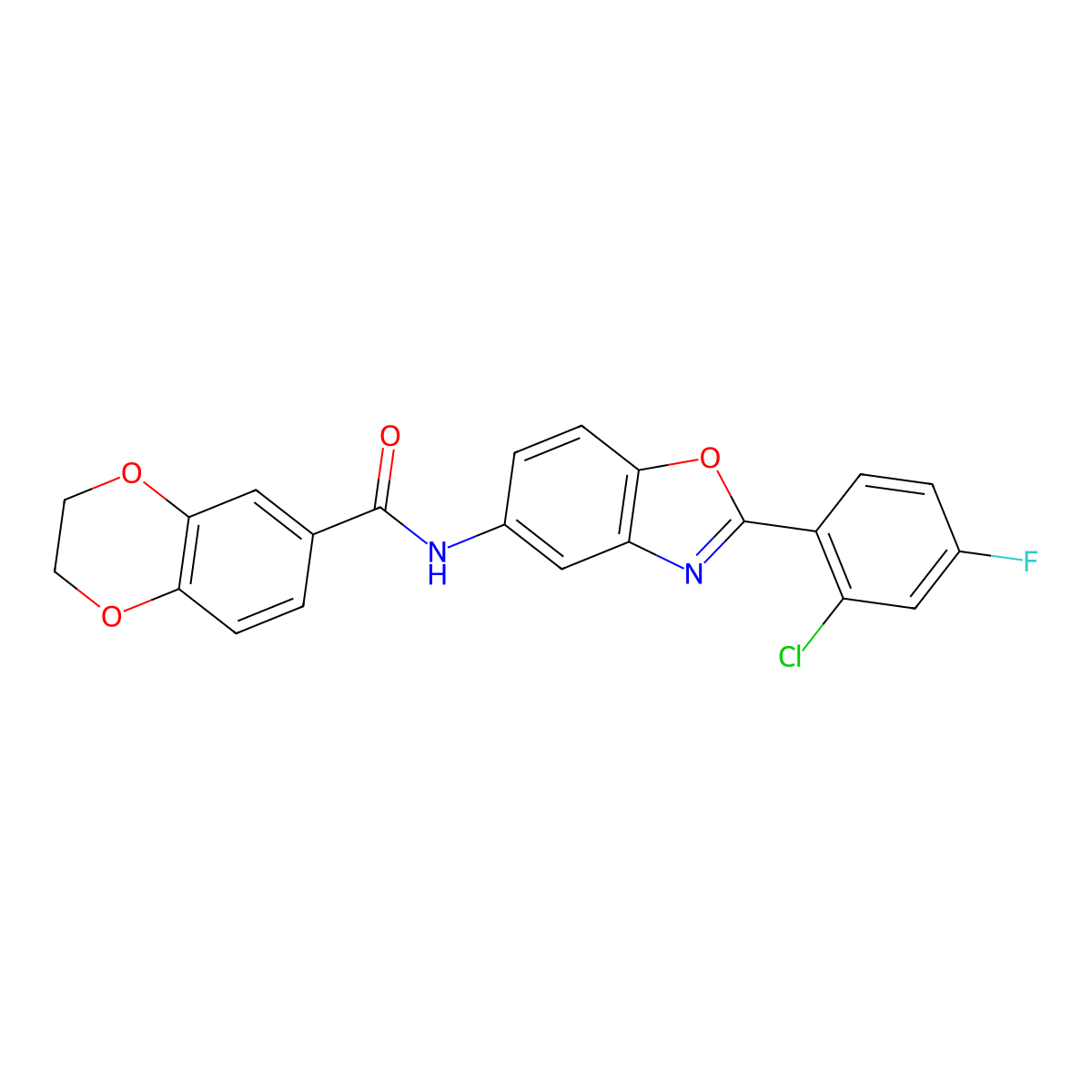 N-[2-(2-chloro-4-fluorophenyl)-1,3-benzoxazol-5-yl]-2,3-dihydro-1,4-benzodioxine-6-carboxamide molecular structure, CAS 461418-65-5