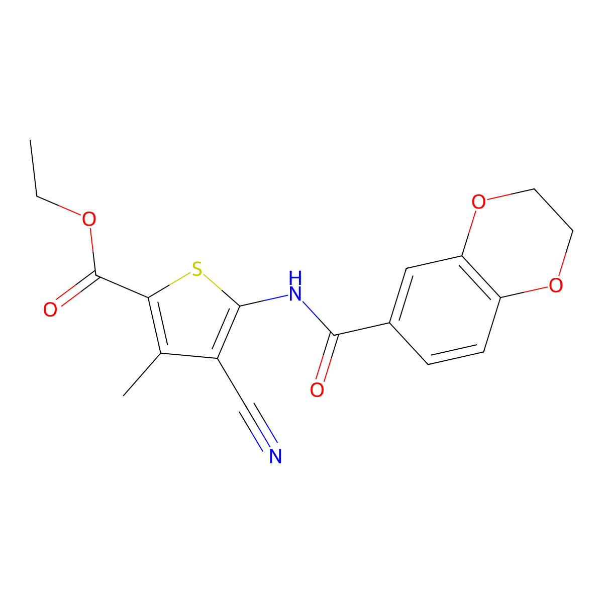 Ethyl 4-cyano-5-(2,3-dihydro-1,4-benzodioxine-6-carbonylamino)-3-methylthiophene-2-carboxylate molecular structure, CAS 461422-41-3