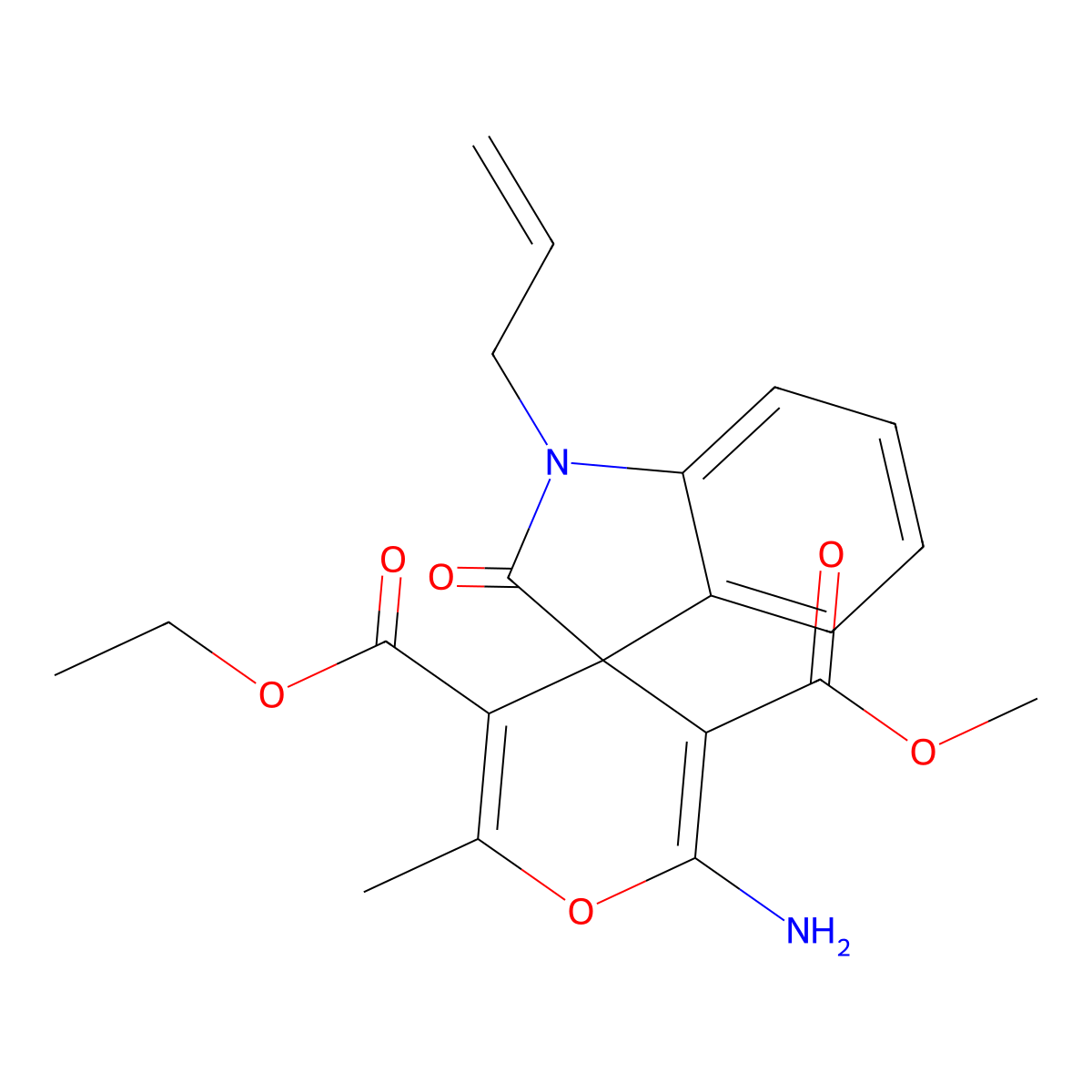 5-O'-ethyl 3-O'-methyl 2'-amino-6'-methyl-2-oxo-1-prop-2-enylspiro[indole-3,4'-pyran]-3',5'-dicarboxylate molecular structure, CAS 461430-41-1
