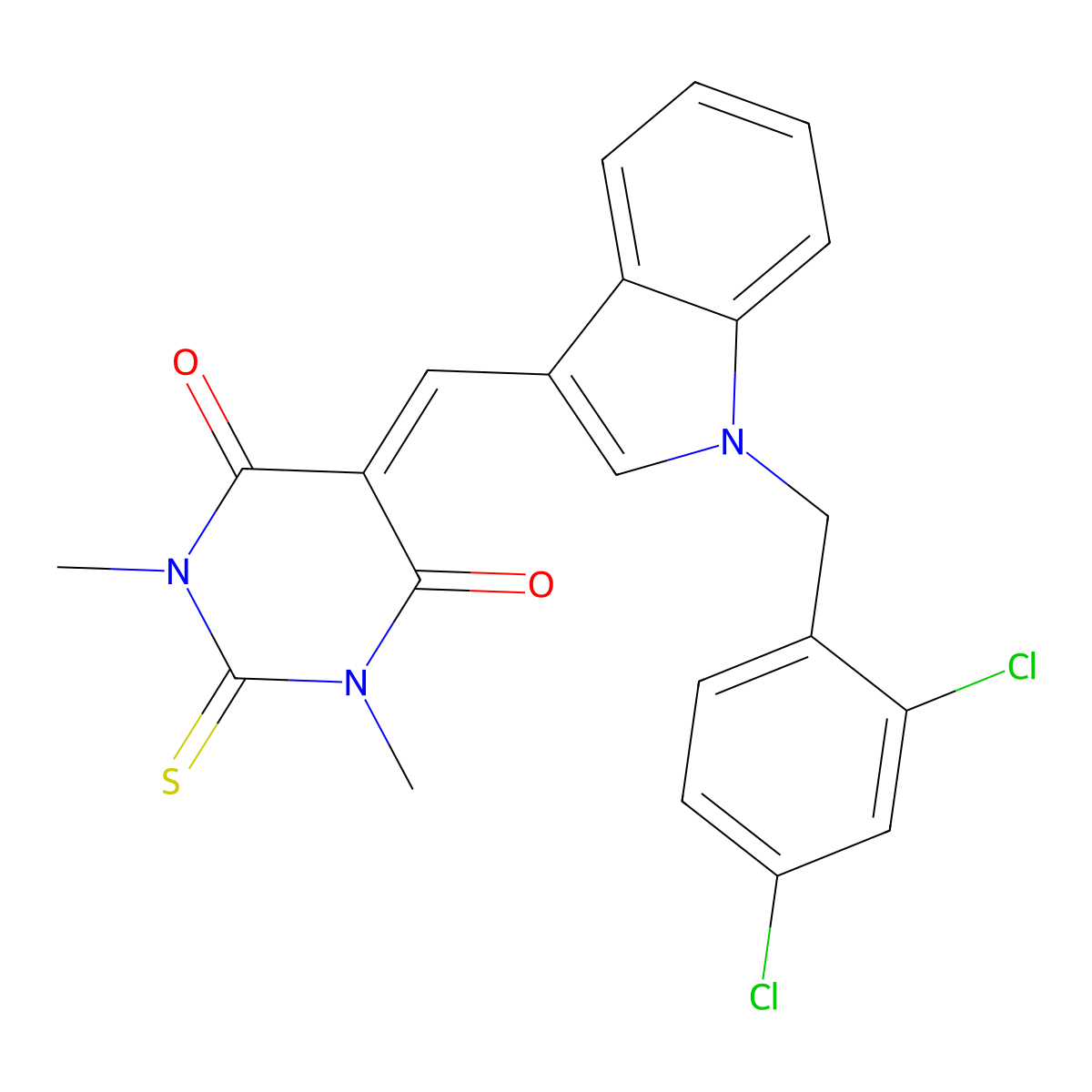 5-{[1-(2,4-dichlorobenzyl)-1H-indol-3-yl]methylidene}-1,3-dimethyl-2-thioxodihydropyrimidine-4,6(1H,5H)-dione molecular structure, CAS 461431-57-2