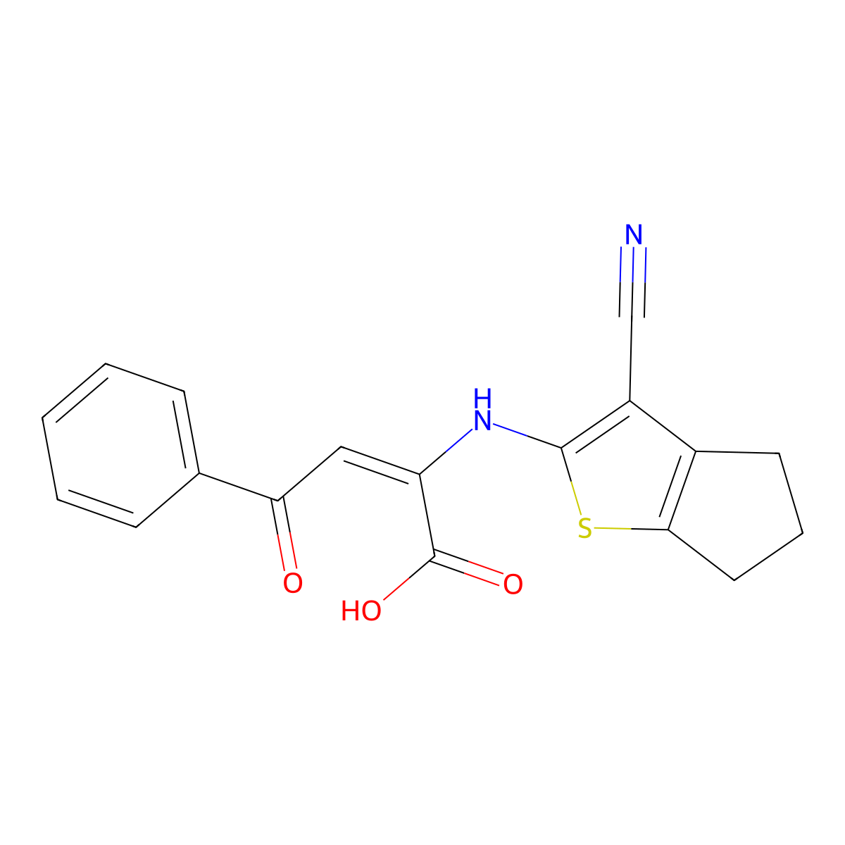 2-[(3-cyano-5,6-dihydro-4H-cyclopenta[b]thiophen-2-yl)amino]-4-oxo-4-phenyl-but-2-enoic acid molecular structure, CAS 461662-23-7