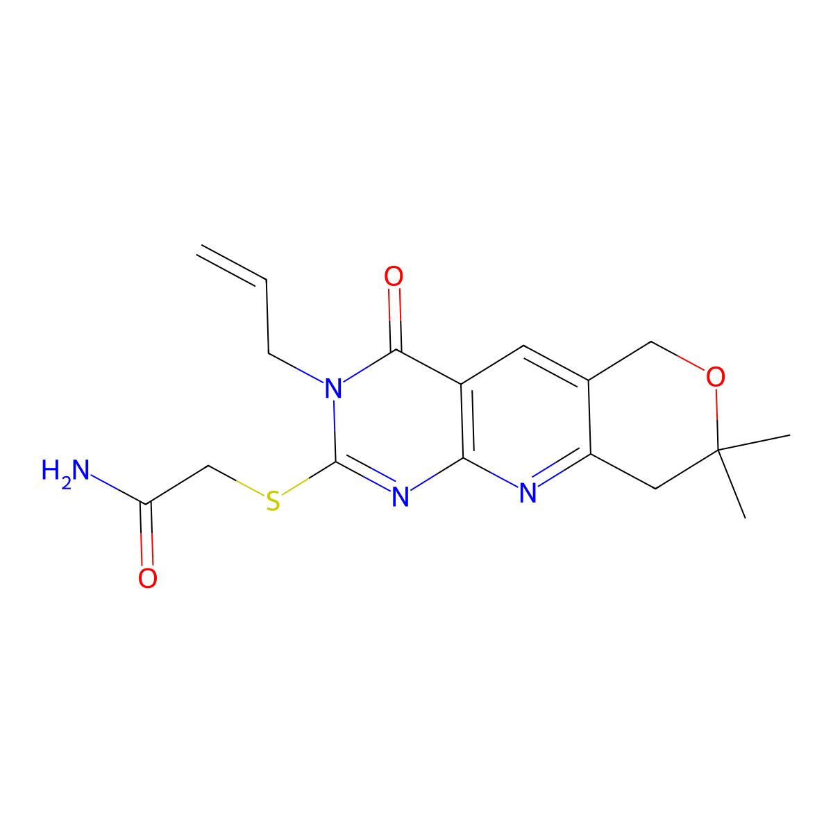2-{[8,8-dimethyl-4-oxo-3-(prop-2-en-1-yl)-3,6,8,9-tetrahydro-4H-pyrano[3',4':5,6]pyrido[2,3-d]pyrimidin-2-yl]sulfanyl}acetamide molecular structure, CAS 4619-77-6