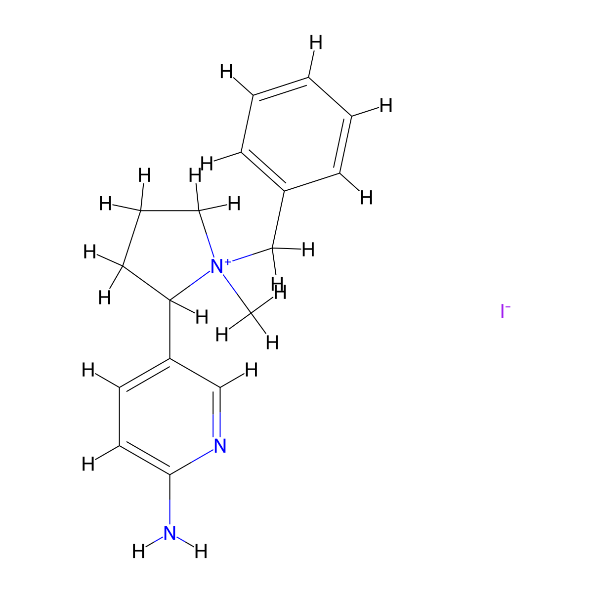 2-(6-Aminopyridin-3-yl)-1-benzyl-1-methylpyrrolidin-1-ium iodide molecular structure, CAS 462061-15-0